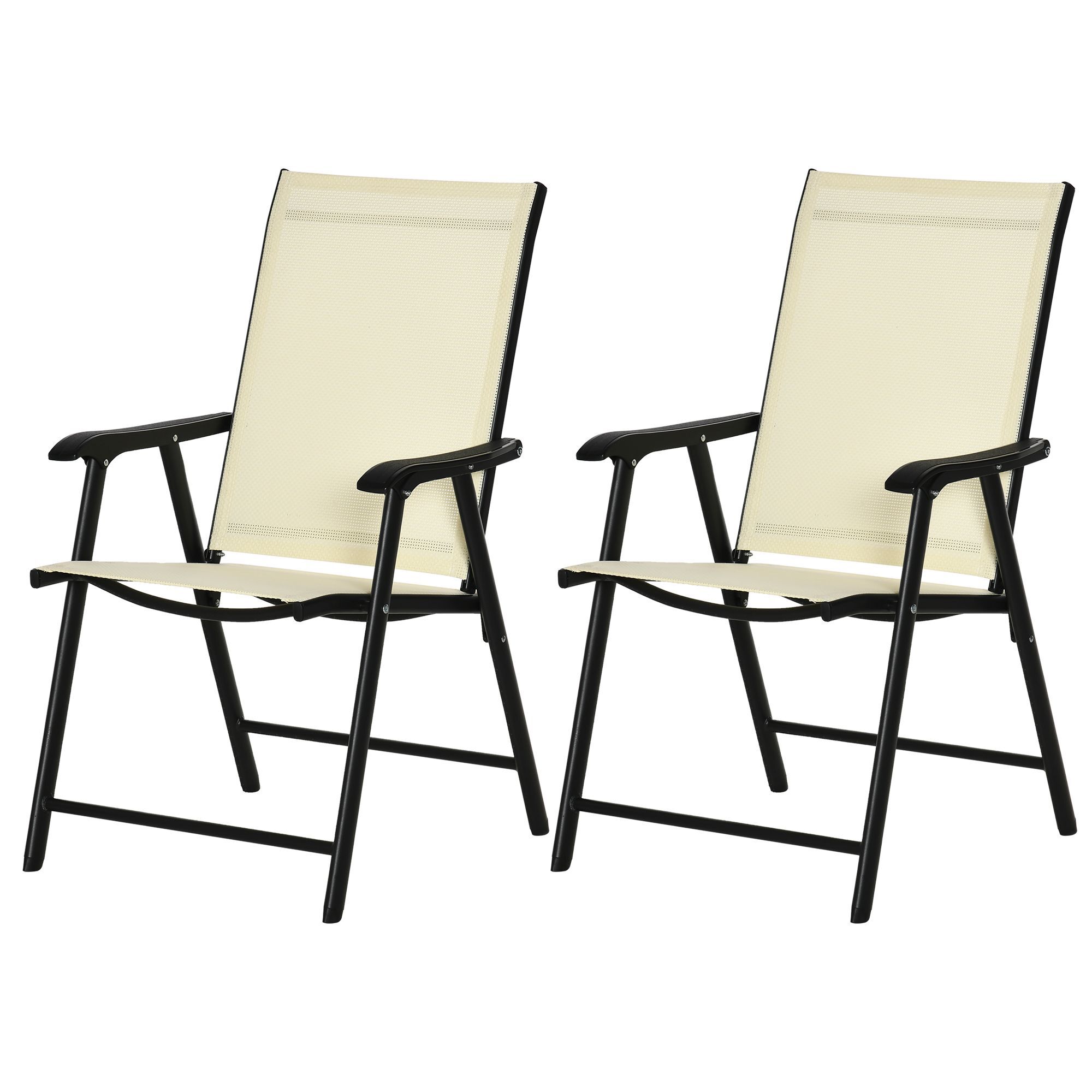 Outsunny Set Of 2 Foldable Metal Garden Chairs Outdoor Patio Park Dining Seat Yard Furniture Beige