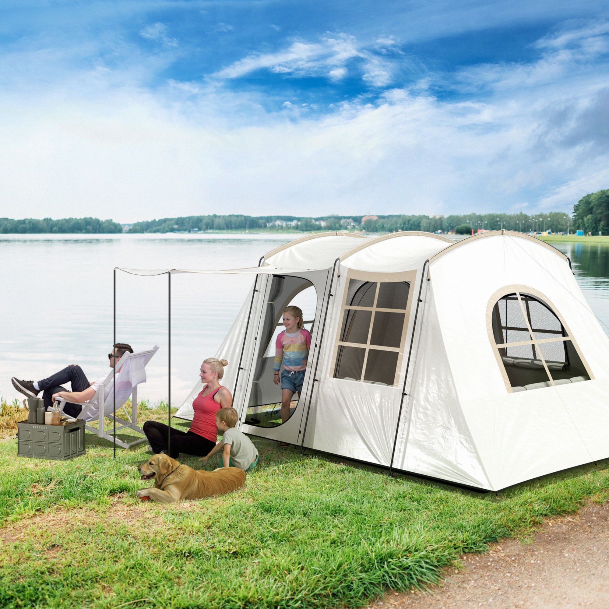 Outsunny 3-4 Man Tunnel Tent, Family Camping Tent With Porch, Bedroom And Living Area, Sewn In Groundsheet, 3000mm Waterproof, Portable With Bag For Hiking, Festival, Backpacking, Khaki