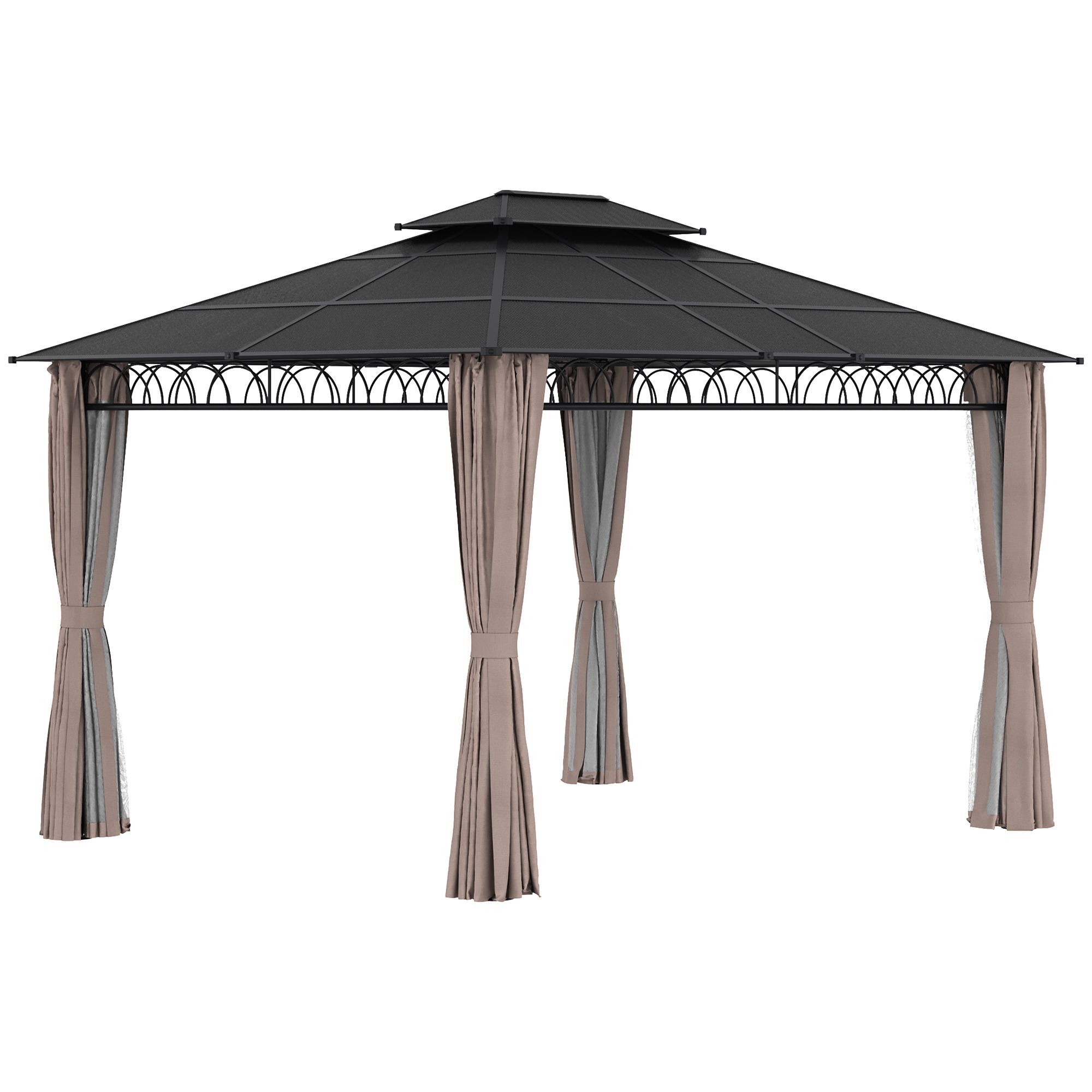 Outsunny 3.6 X 3 (m) Outdoor Polycarbonate Gazebo, Double Roof Hard Top Gazebo With Nettings & Curtains, Patio