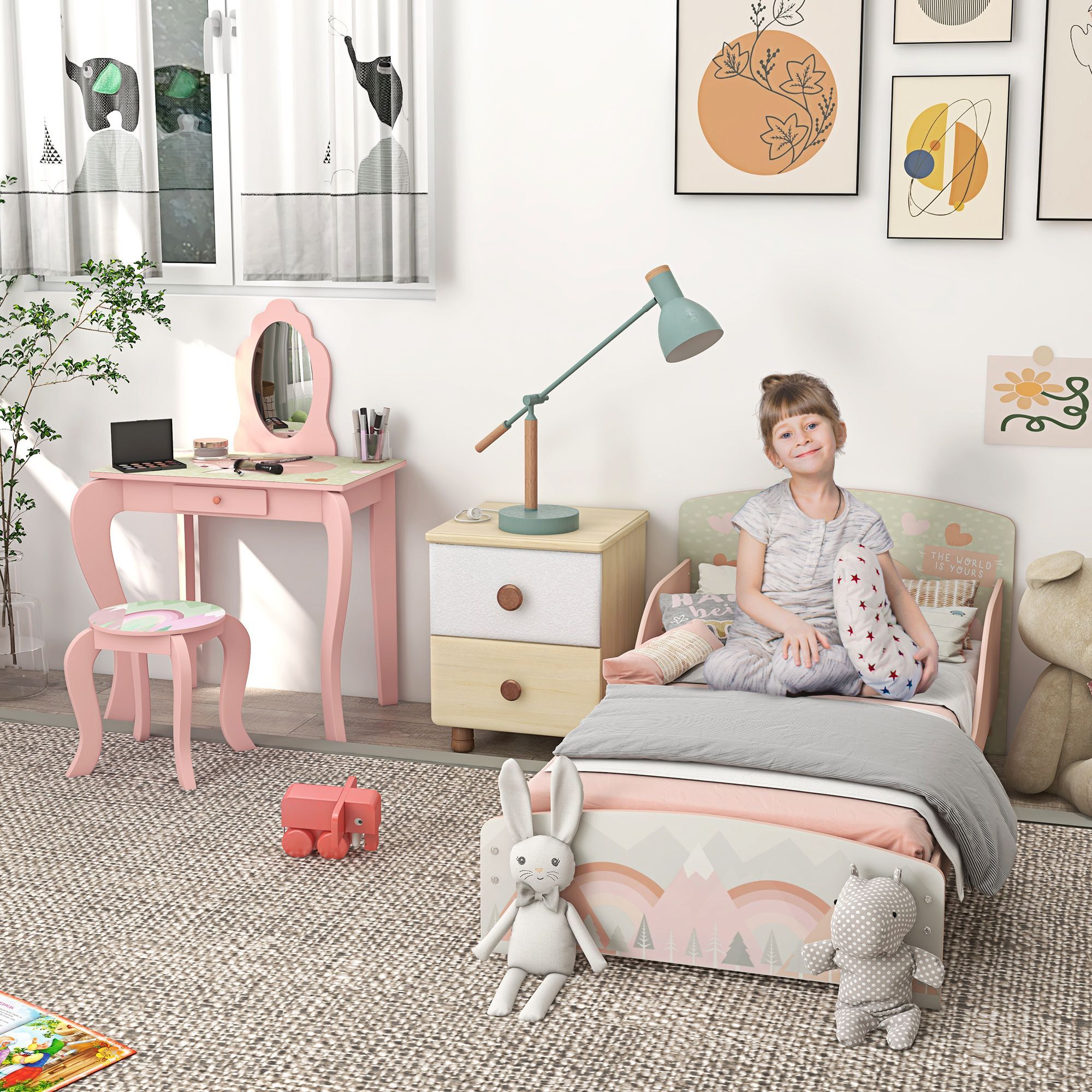 Zonekiz Toddler Bed Frame, Kids Dressing Table With Mirror And Stool, Cute Animal Design Kids Bedroom Furniture Set For Ages 3-6 Years, Pink