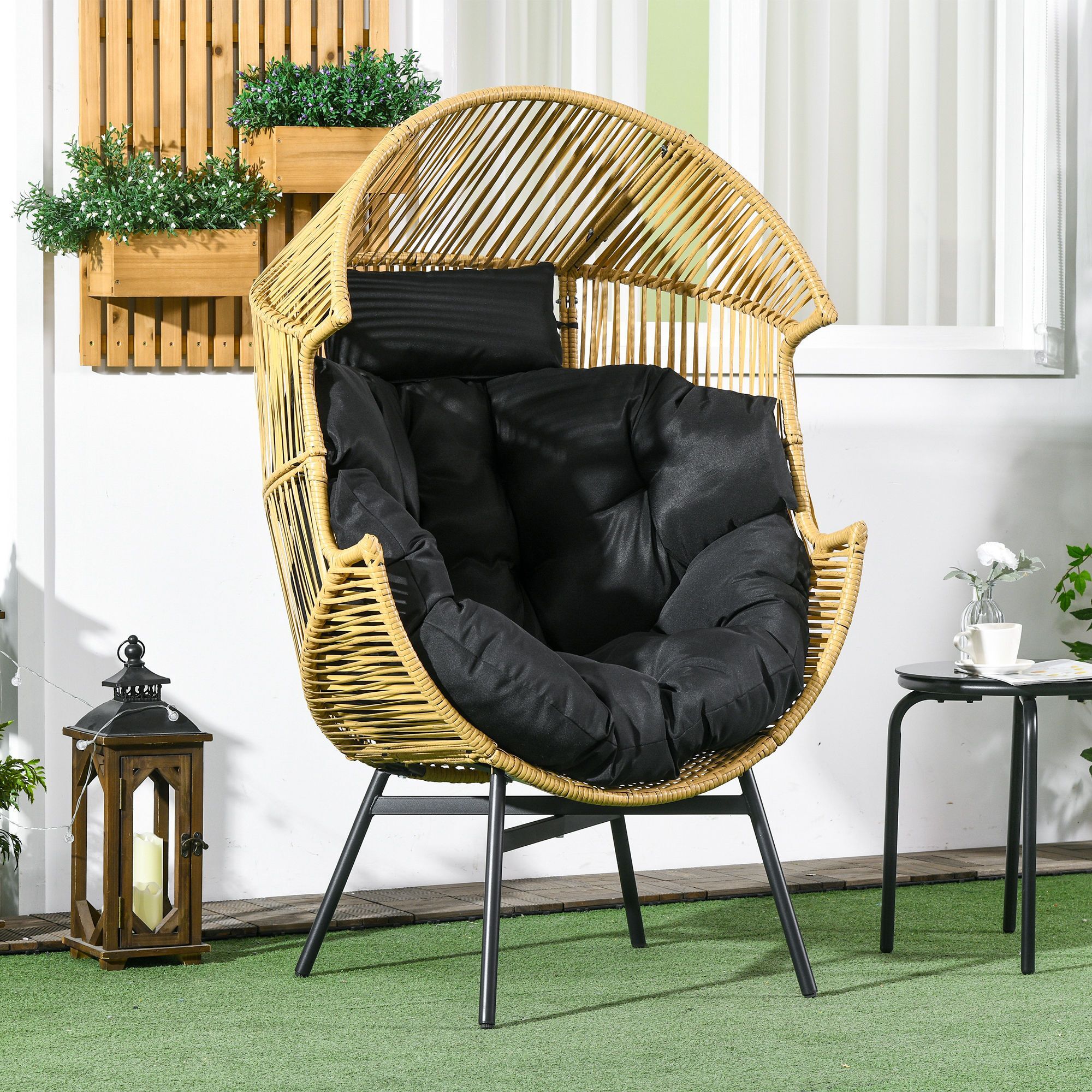 Outsunny Pe Rattan Leisure Chair With 14cm Thick Seat Cushion, Steel Frame Garden Egg Chair With Comfortable Headrest, Adjustable Feet, Sand