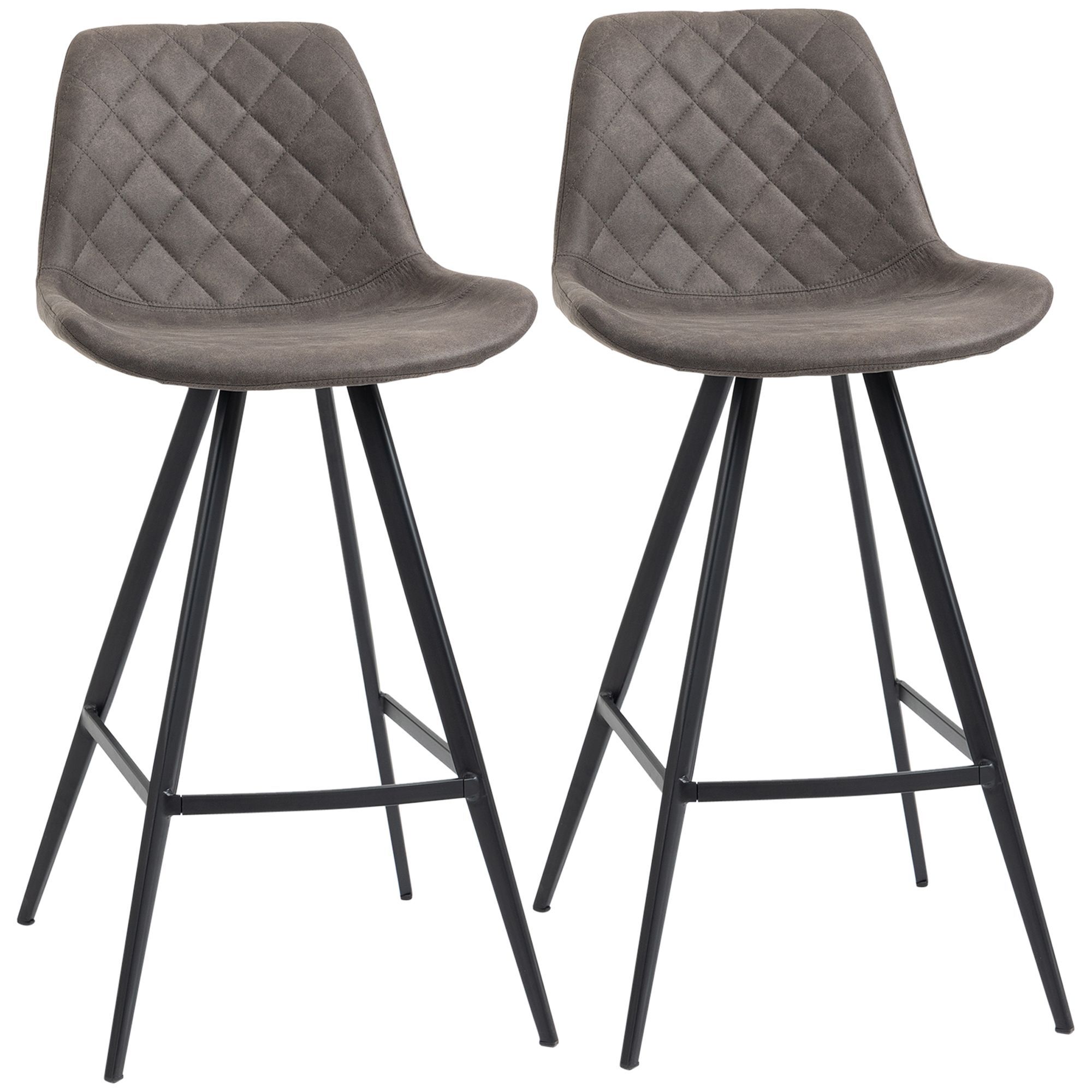 Homcom Set Of 2 Bar Stools Vintage Microfiber Cloth Tub Seats Padded Comfortable Steel Frame Footrest Quilted Home Kitchen Chair Stylish Dark Grey