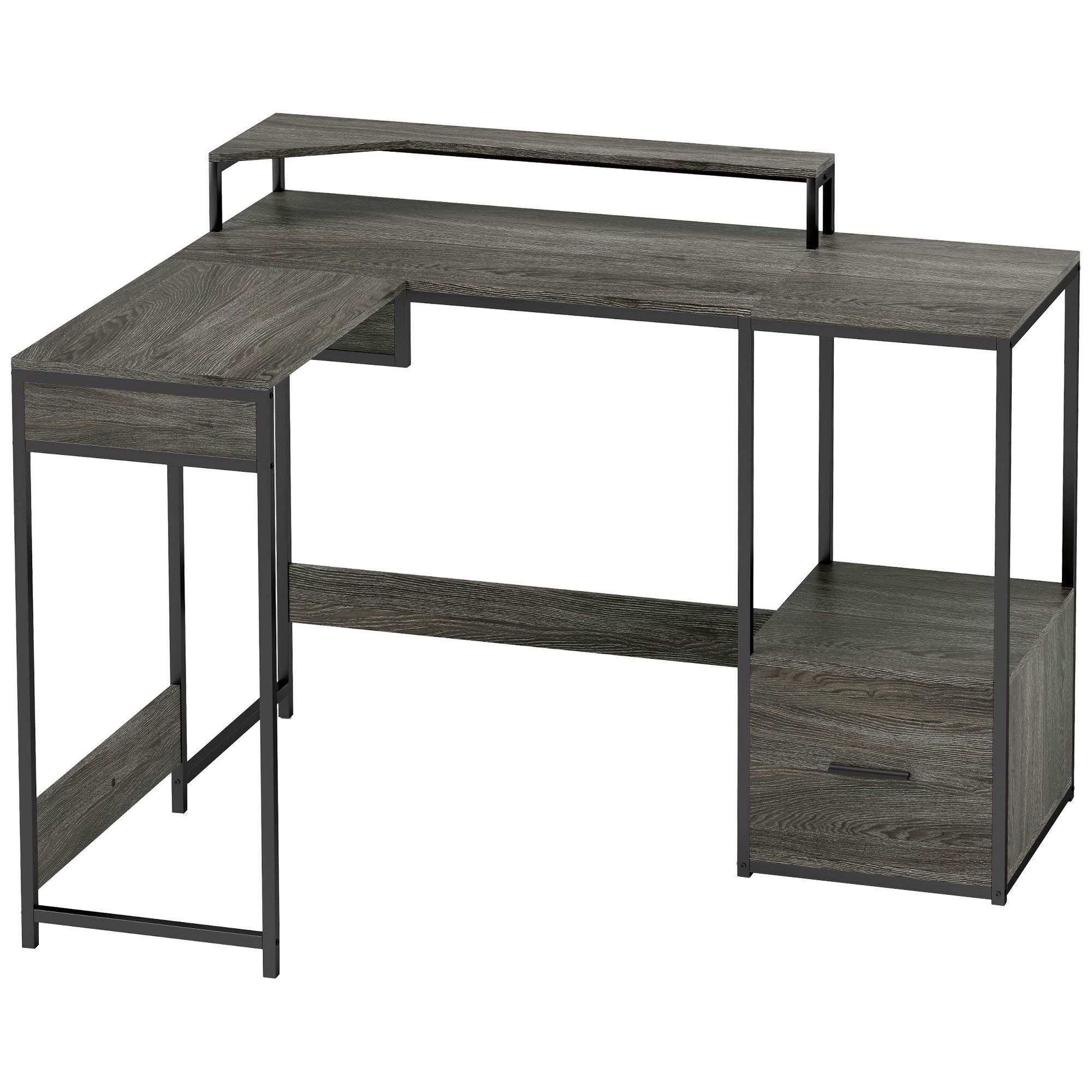 Homcom L Shaped Desk, Computer Desk With Liftable Desktop, Industrial Corner Desk With Drawer For A4/letter Size, Home Office Desk With Monitor Stand For Home Office, Charcoal Grey