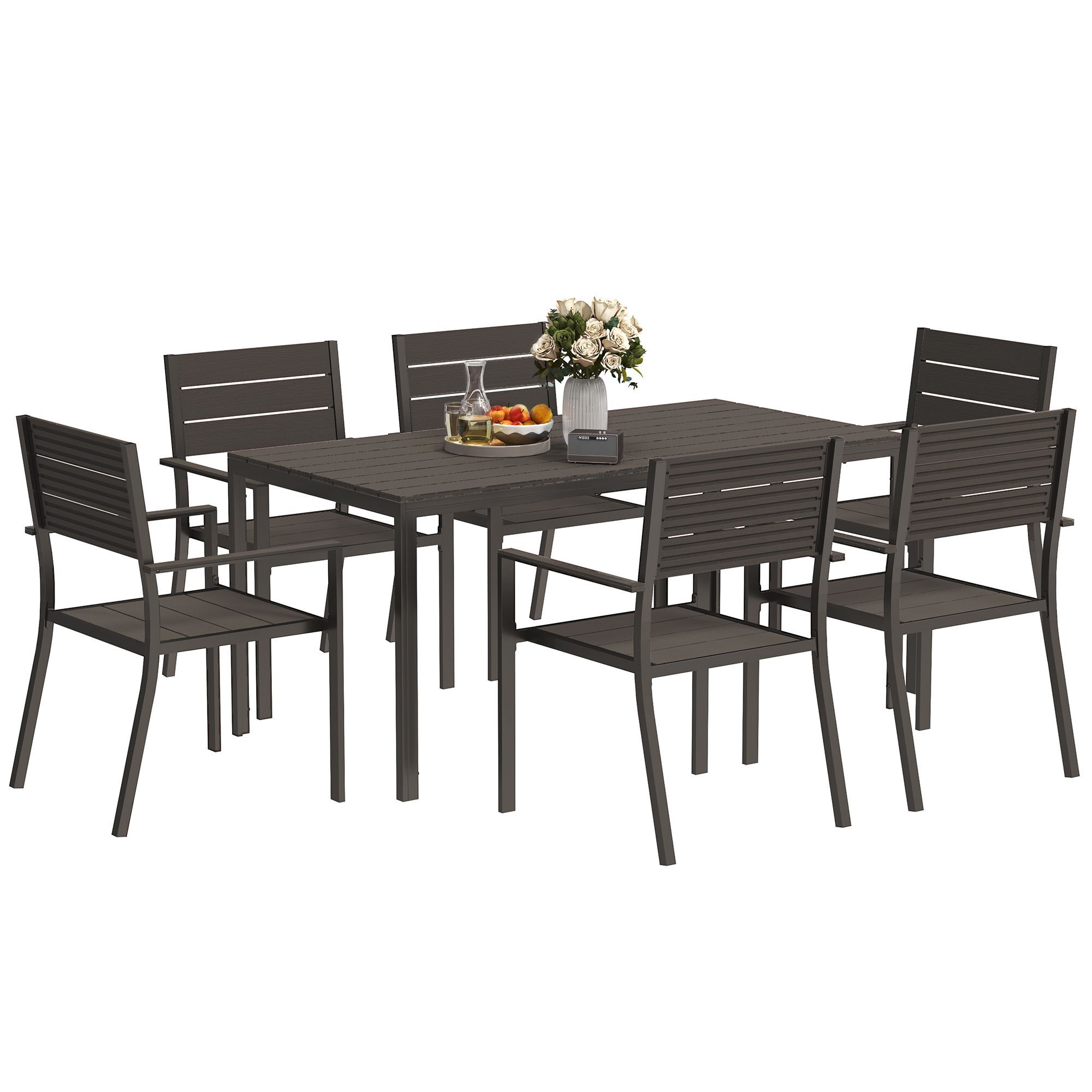 Outsunny 7 Piece Garden Furniture Set, 160 X 80 Cm Rectangle Table And 6 Stackable Chairs Set, Outdoor Dining Set For Balcony, Deck, Dark Brown