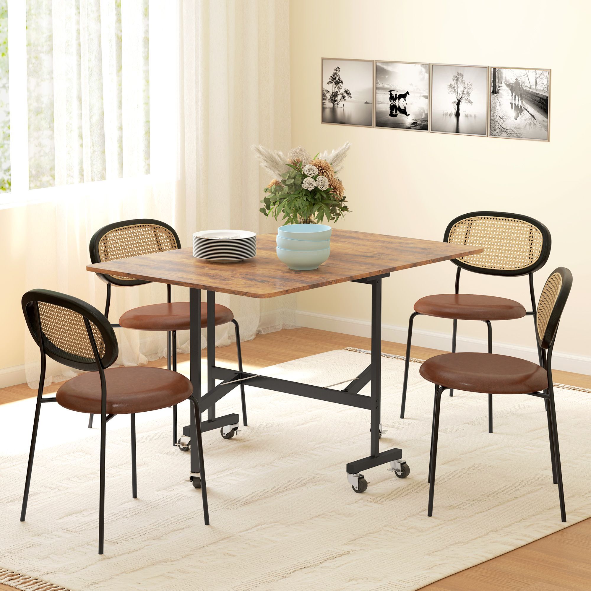 Homcom Six-seater Drop-leaf Dining Table, With Wheels - Brown Wood-effect