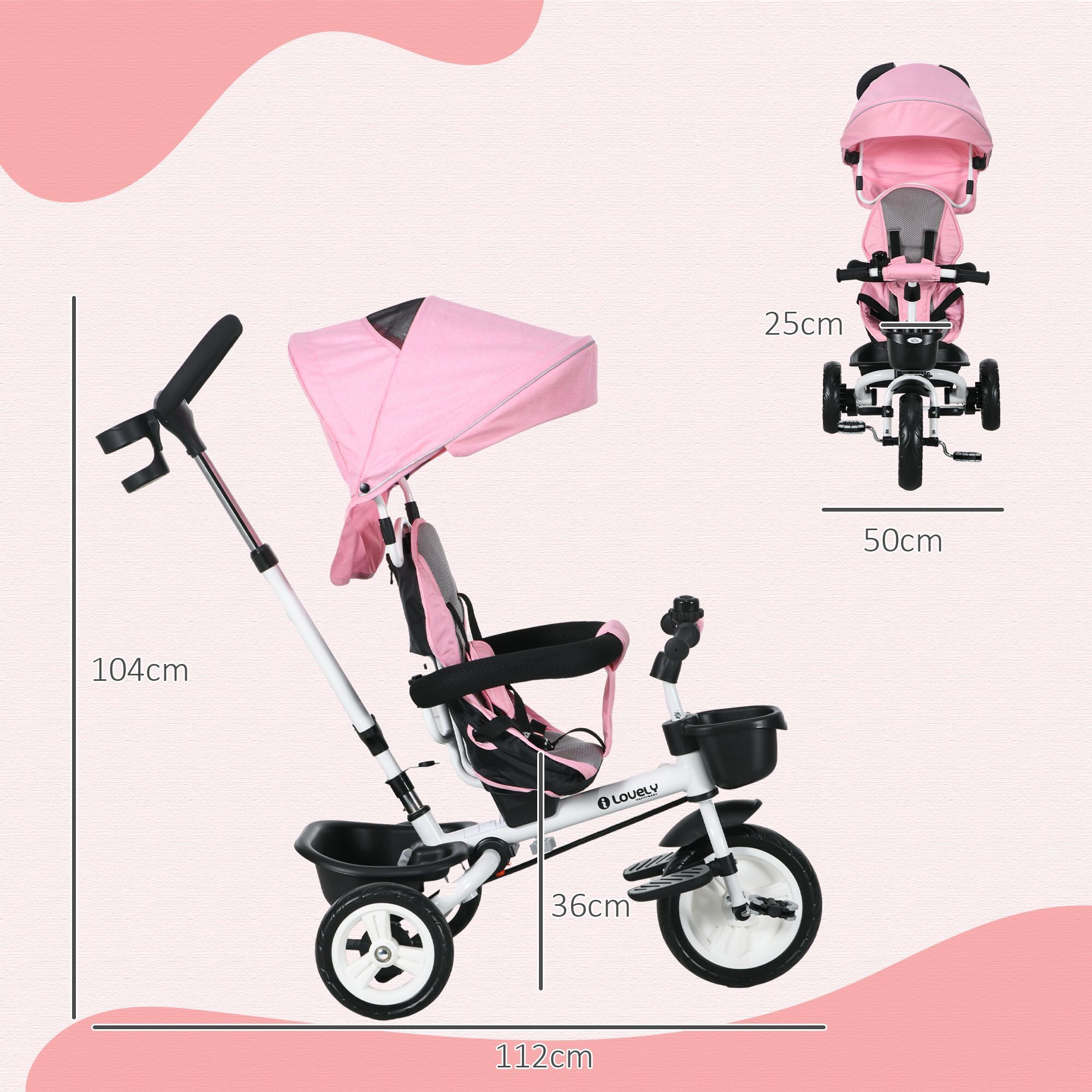 Homcom Metal Frame 4 In 1 Baby Push Tricycle With Parent Handle For 1-5 Years Old, Pink