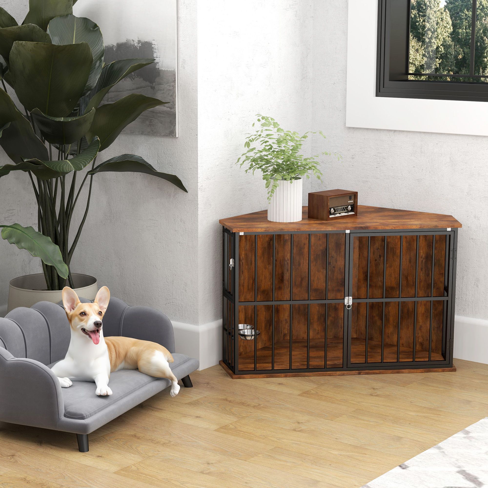 Pawhut Corner Dog Crate Furniture With 2 Bowls, Lockable Doors, For Small Medium Dogs, Rustic Brown