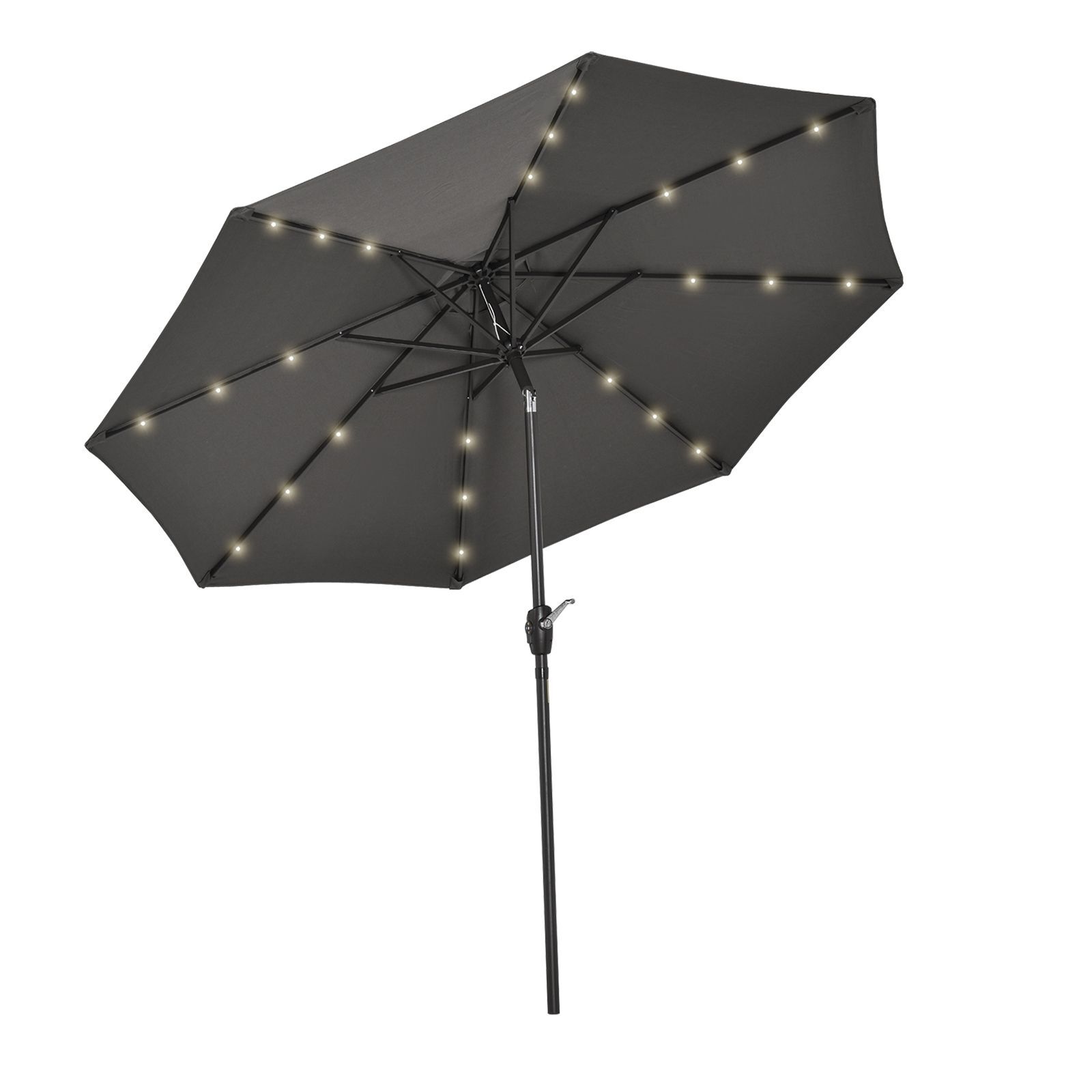 Outsunny Garden 24 Led Light Parasol Outdoor Tilt Sun Umbrella Patio Club Party Event Manual Sun Shade W/ Hand Crank Grey