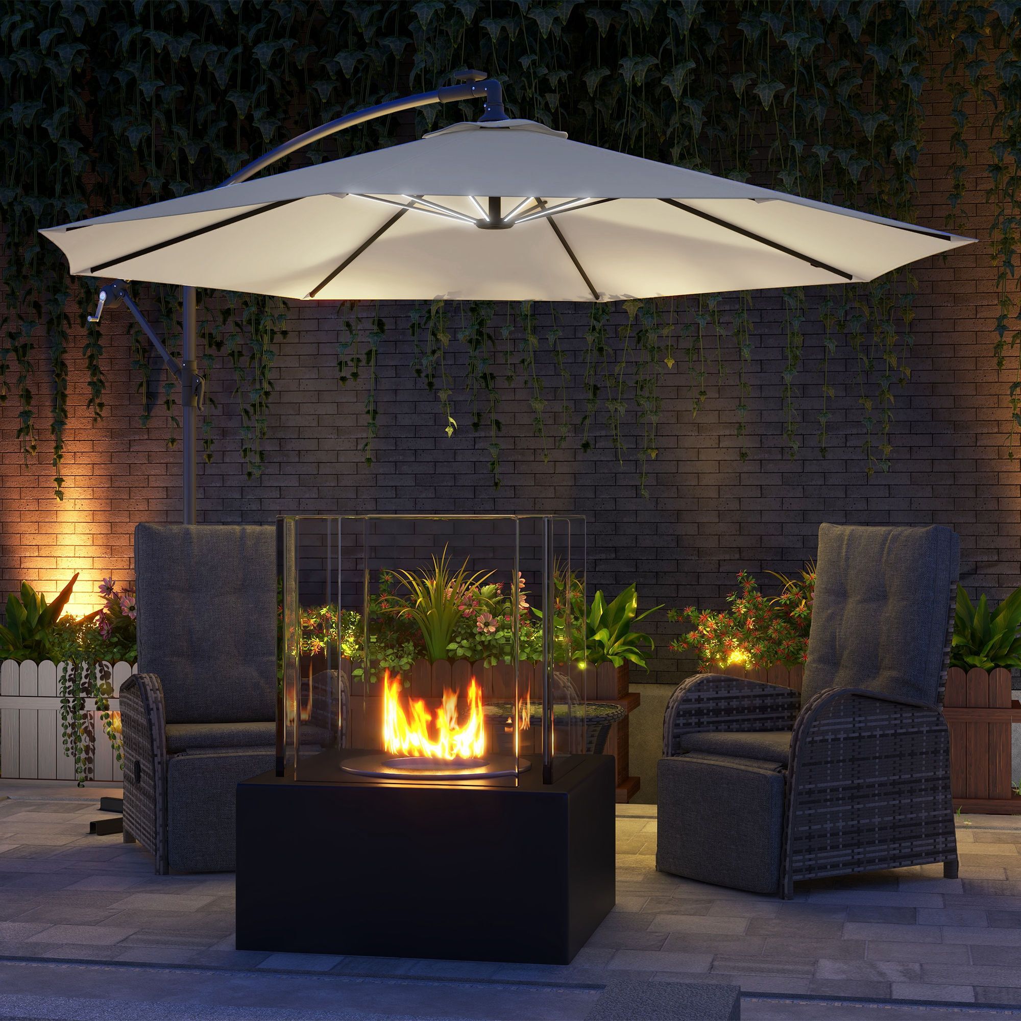 Outsunny 3(m) Cantilever Parasol With Solar Led Lights, Garden Umbrella With Cross Base And Crank Handle, Hanging Offset Banana Sun Shade, Beige