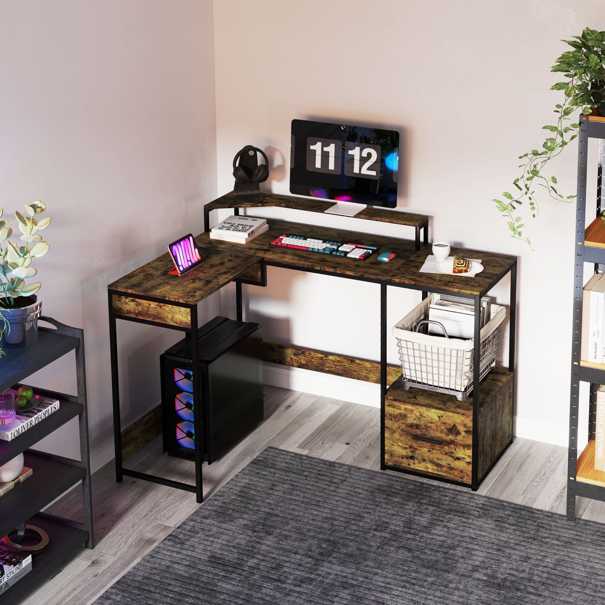 Homcom L Shaped Desk, Computer Desk With Liftable Desktop, Industrial Corner Desk With Drawer For A4/letter Size, Home Office Desk With Monitor Stand For Home Office, Rustic Brown