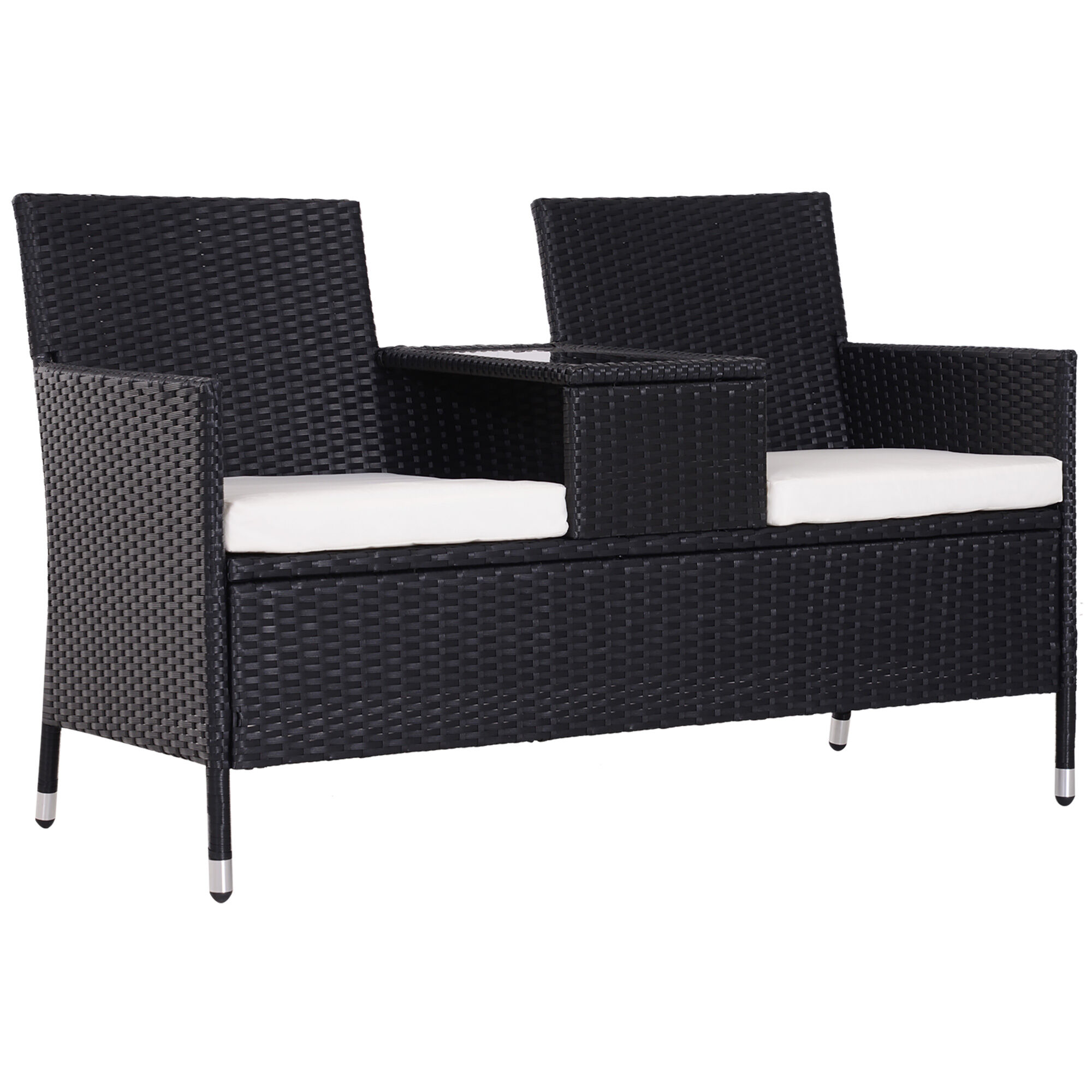 Outsunny Garden Rattan 2 Seater Companion Seat Wicker Love Seat Weave Partner Bench W/ Cushions Patio Outdoor Furniture (black)
