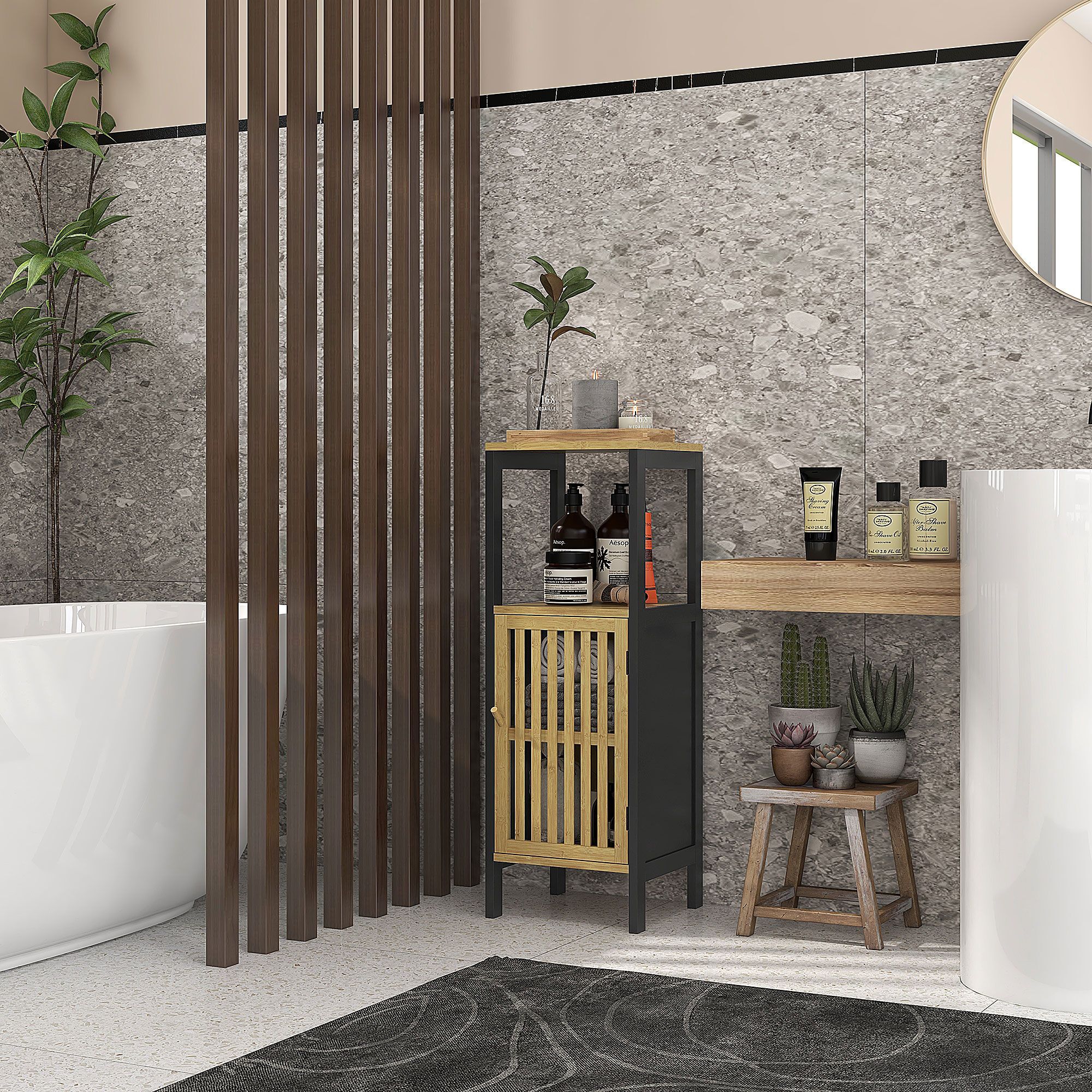 Homcom Slim Bathroom Storage Cabinet, Small Bamboo Bathroom Cabinet With Open Compartment And Adjustable Shelf, Black