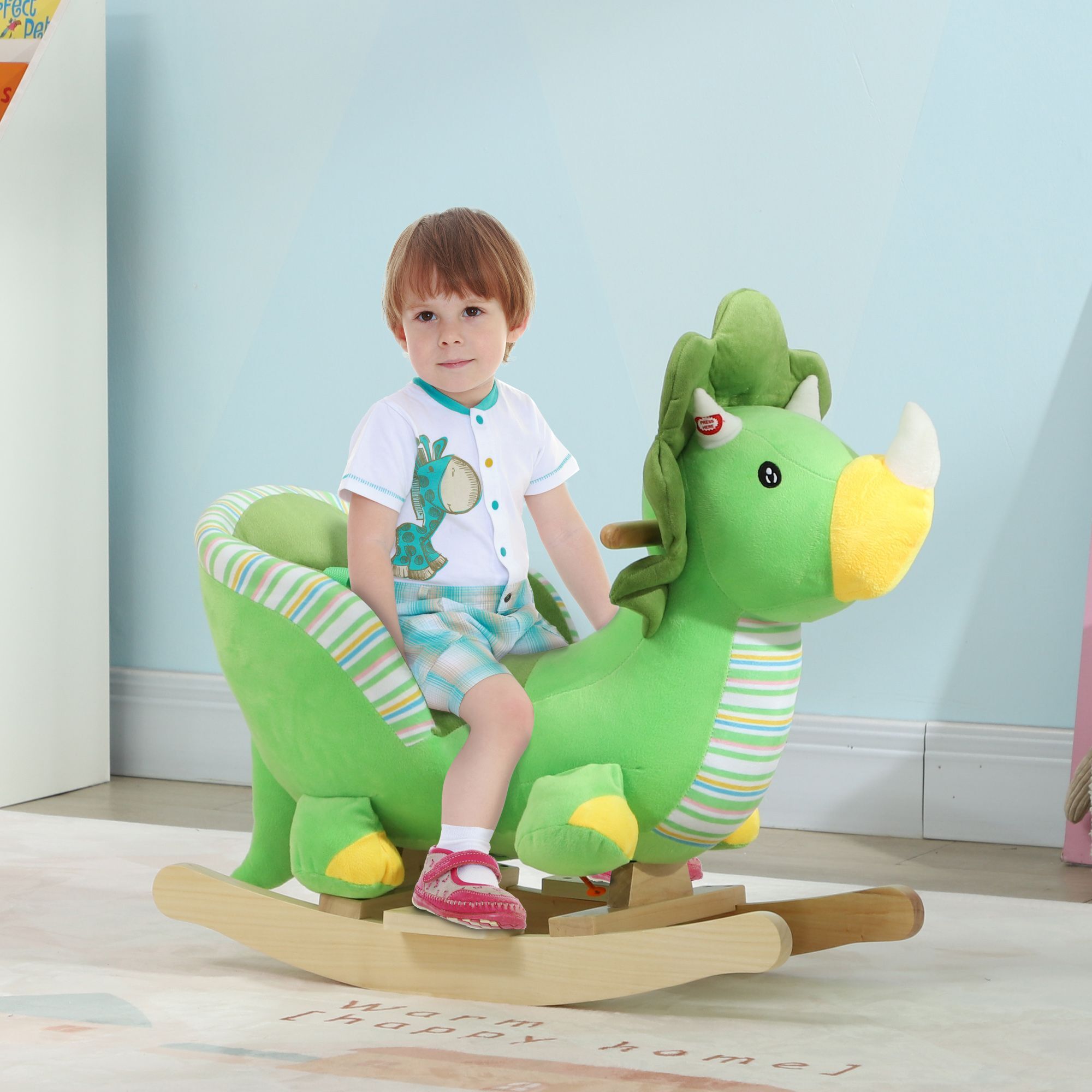 Aiyaplay Dinosaur Design Rocking Horse With Animal Sound, Safety Belt, Wooden Base, For Toddlers 18-36 Months