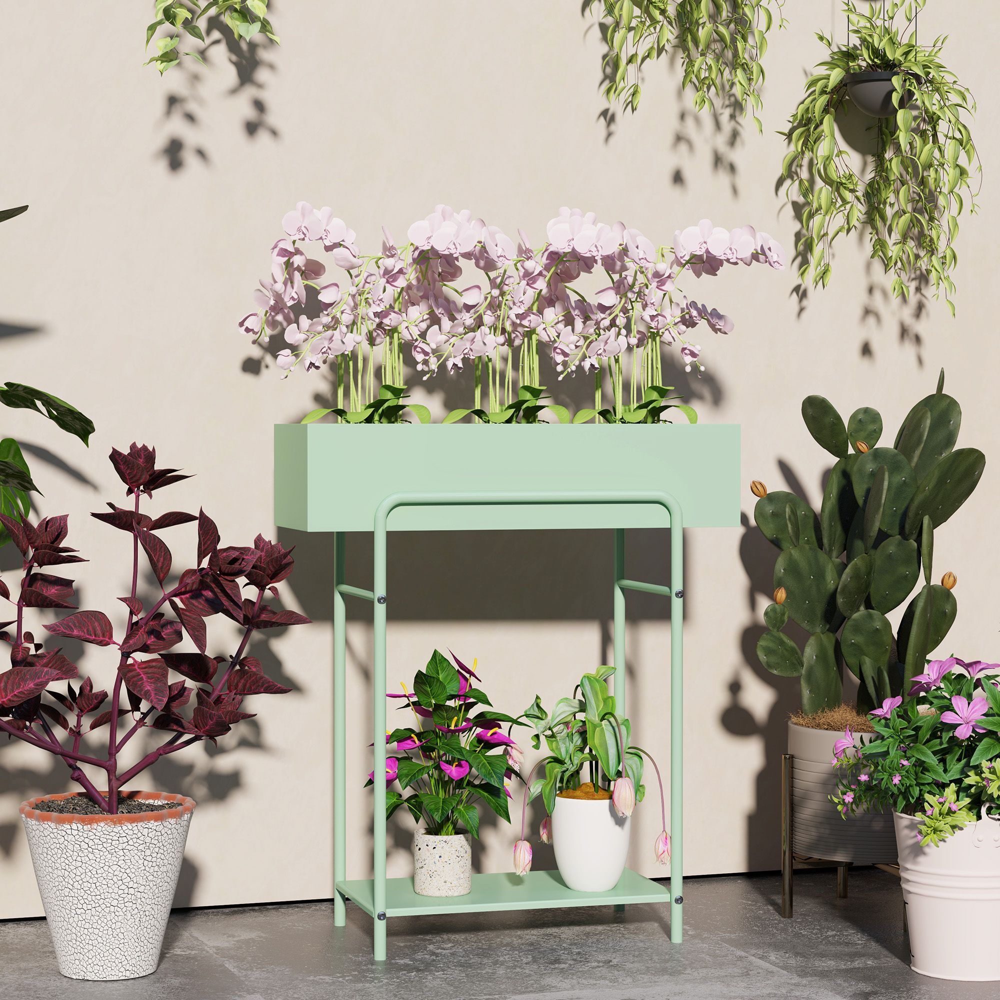 Outsunny 2 Tier Plant Stand, Metal Plant Rack Shelf With Drain Holes, Floor-standing Flower Pot Stand For Indoor Outdoor Garden Patio Balcony Living Room, Green