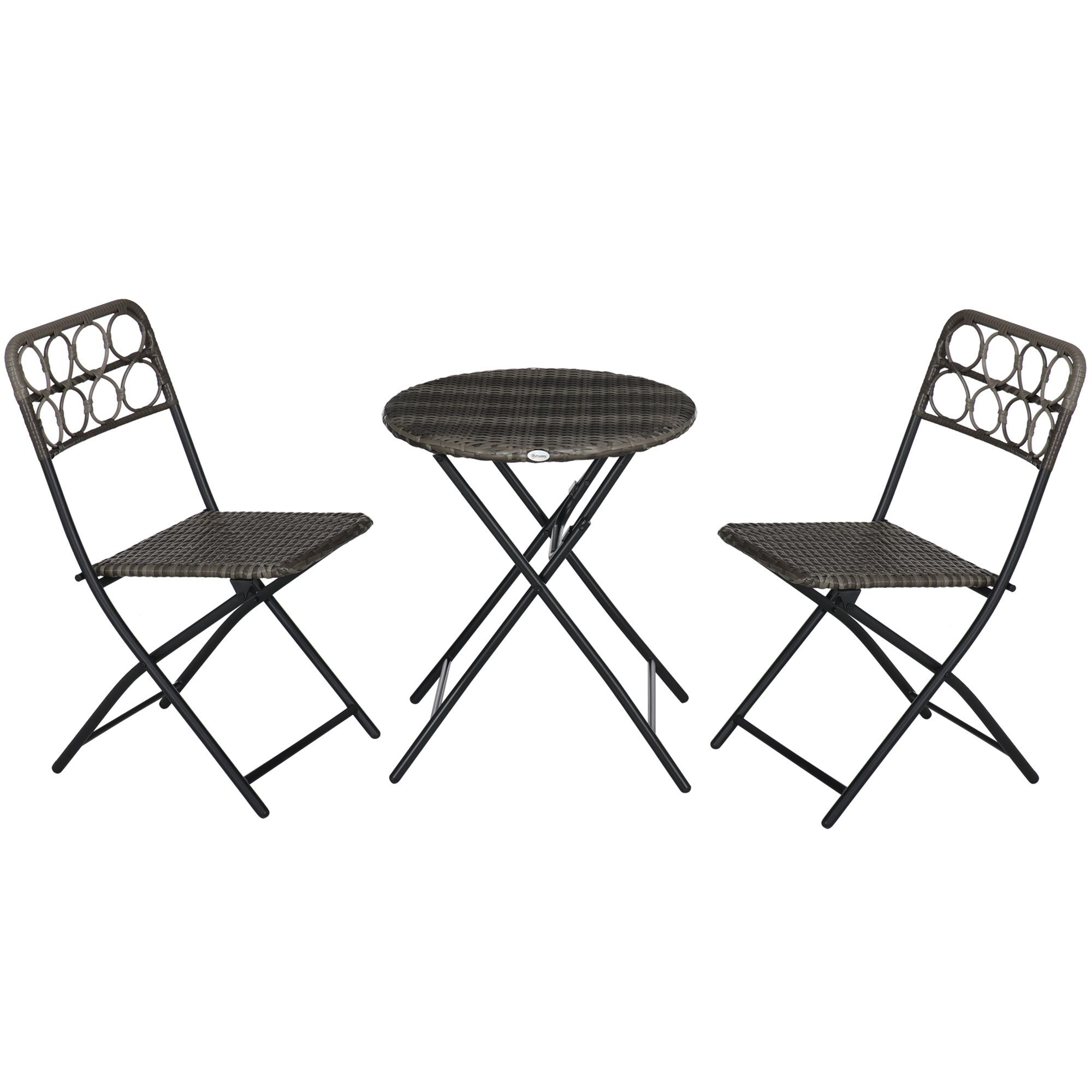 Outsunny 3 Pcs Rattan Wicker Bistro Set With Easy Folding, Hand Woven Rattan Coffee Table And Chairs For Outdoor Lawn, Balcony & Garden, Grey