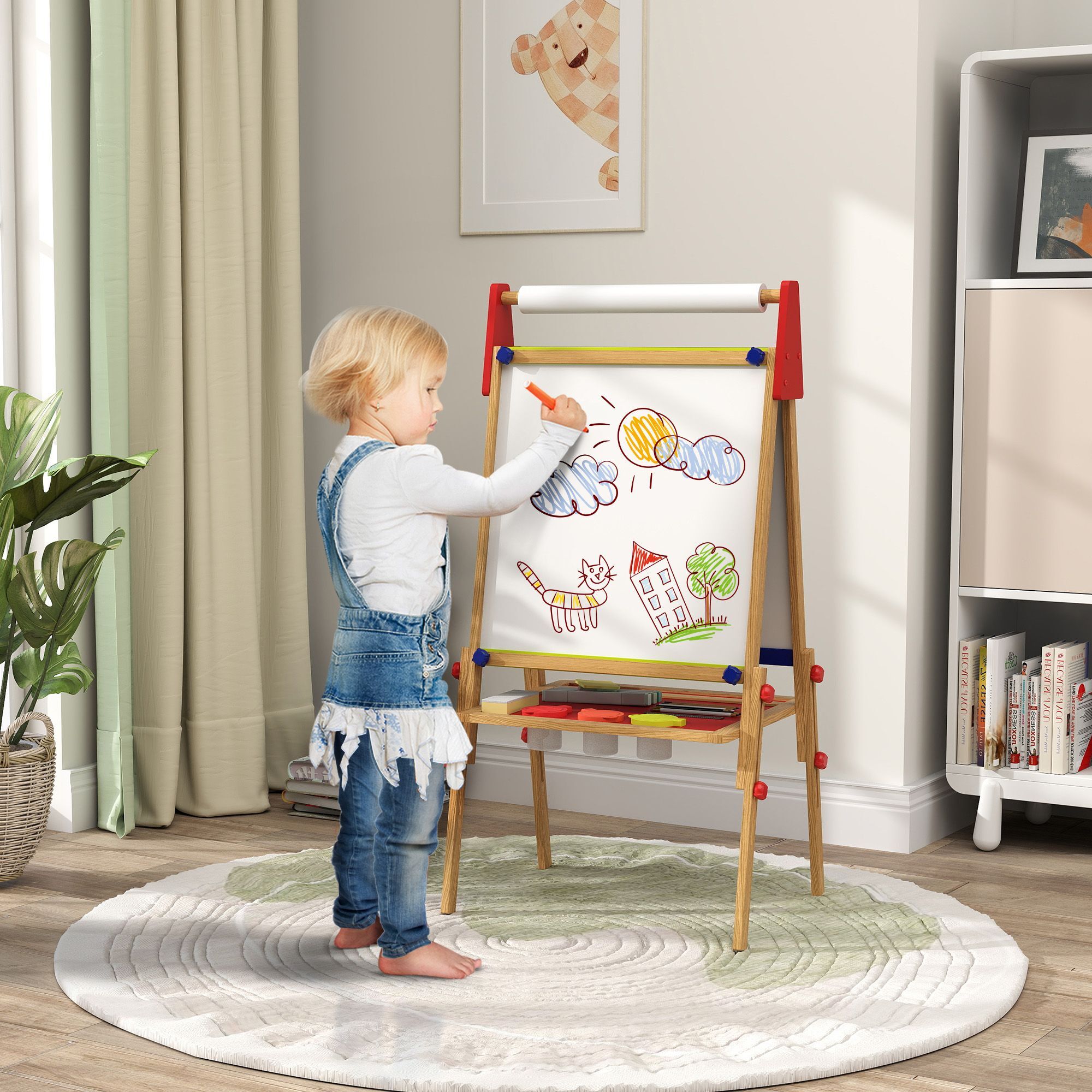 Aiyaplay 3 In 1 Wooden Kids Easel With Paper Roll, Whiteboard & Chalkboard, Painting Accessories