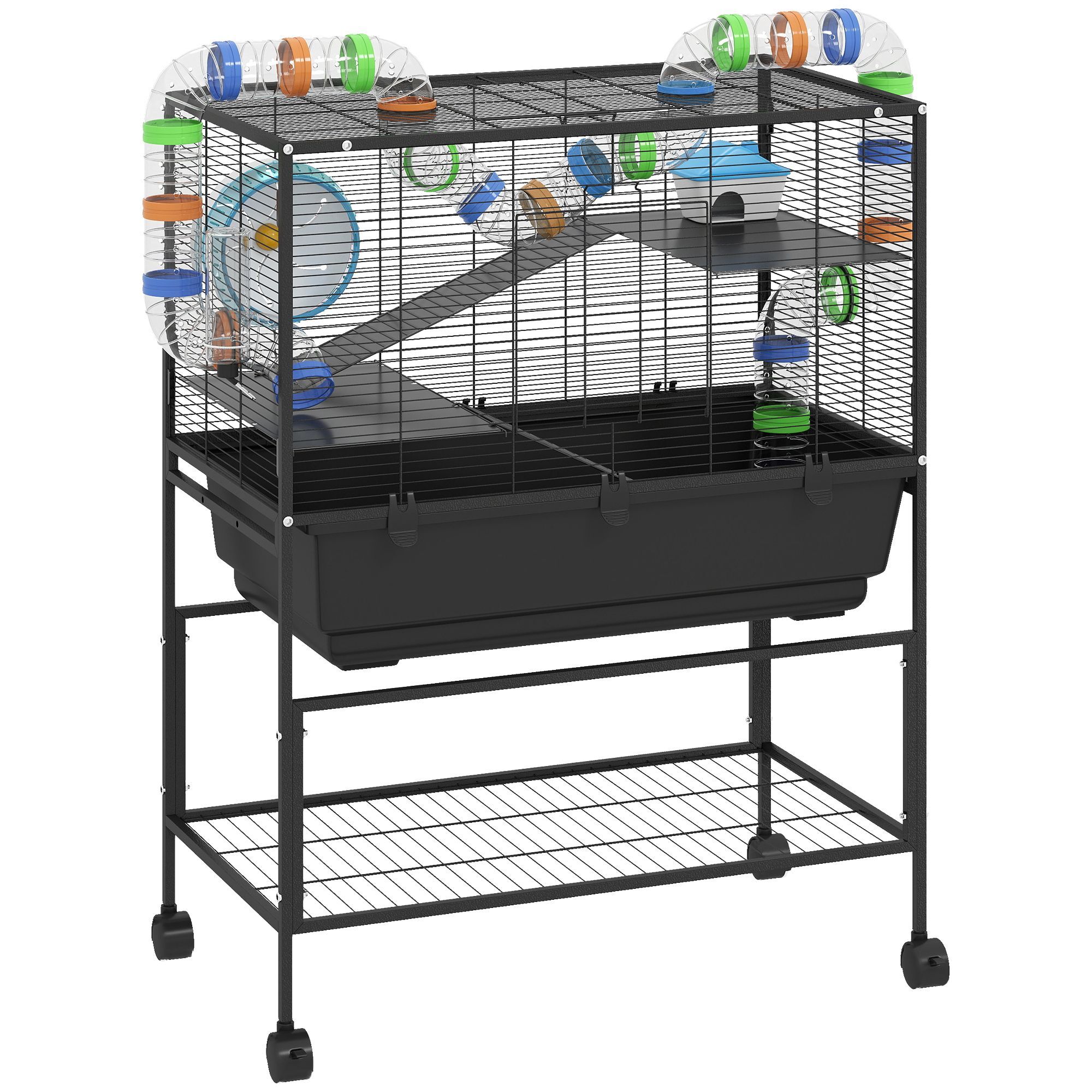 Pawhut 3 Tier Large Hamster Cage On Wheels With 17 Cm Deep Tray, Storage Shelf For Syrian, Gerbil, Rats