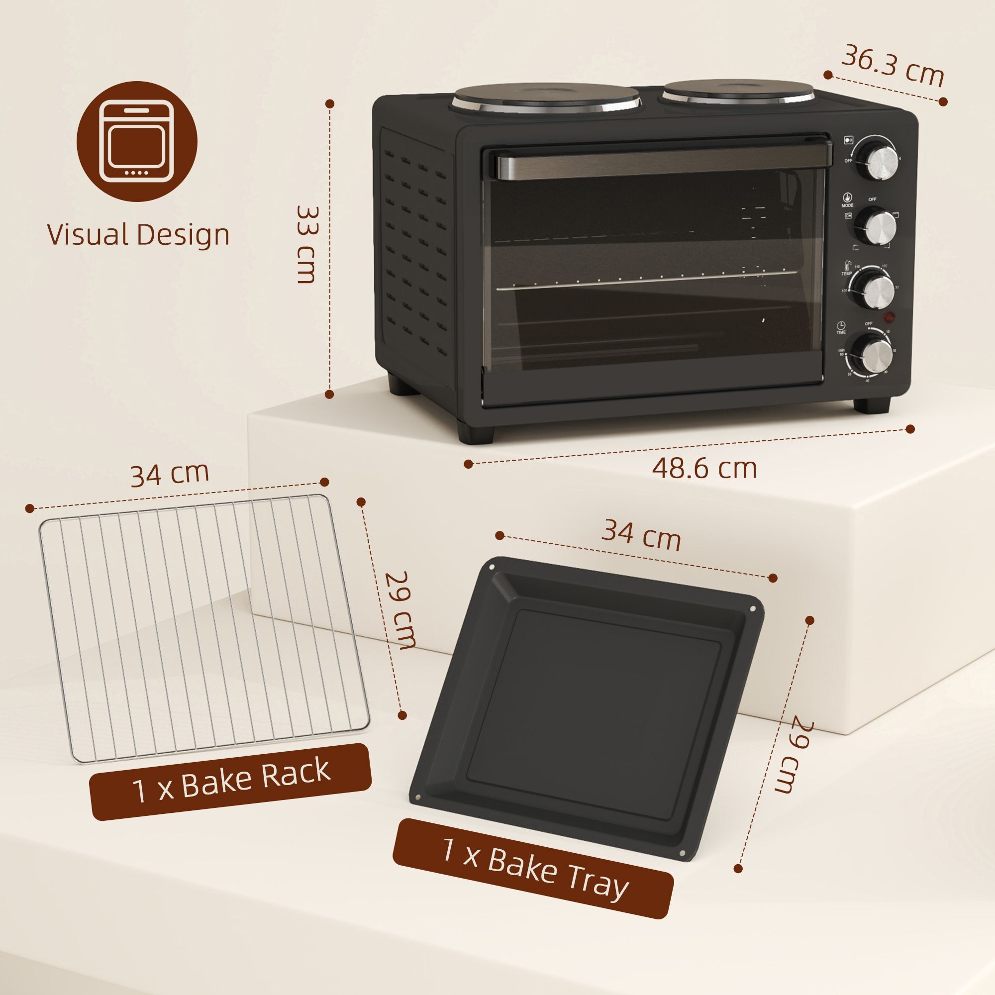 Homcom 28l Mini Oven With 2 Hot Plates, Countertop Toaster Oven, Grill, Roast, Bake, Boil, With Timer, Adjustable Temperature, Electric Oven With Baking Tray, Grill Rack, Crumb Tray, 2600w, Black