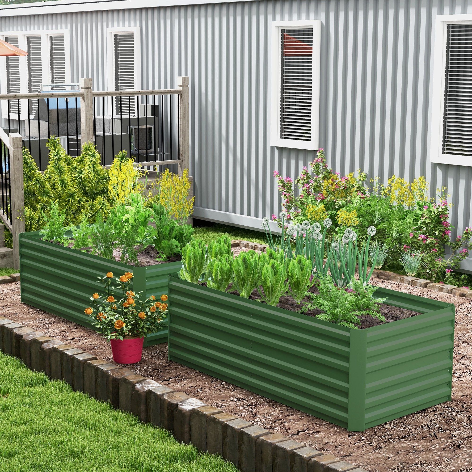 Outsunny Set Of 2 Raised Beds, Galvanised Steel Outdoor Planters With Multi-reinforced Rods For Vegetables, Plants, Flowers And Herbs, 180 X 90 X 59 Cm, Green
