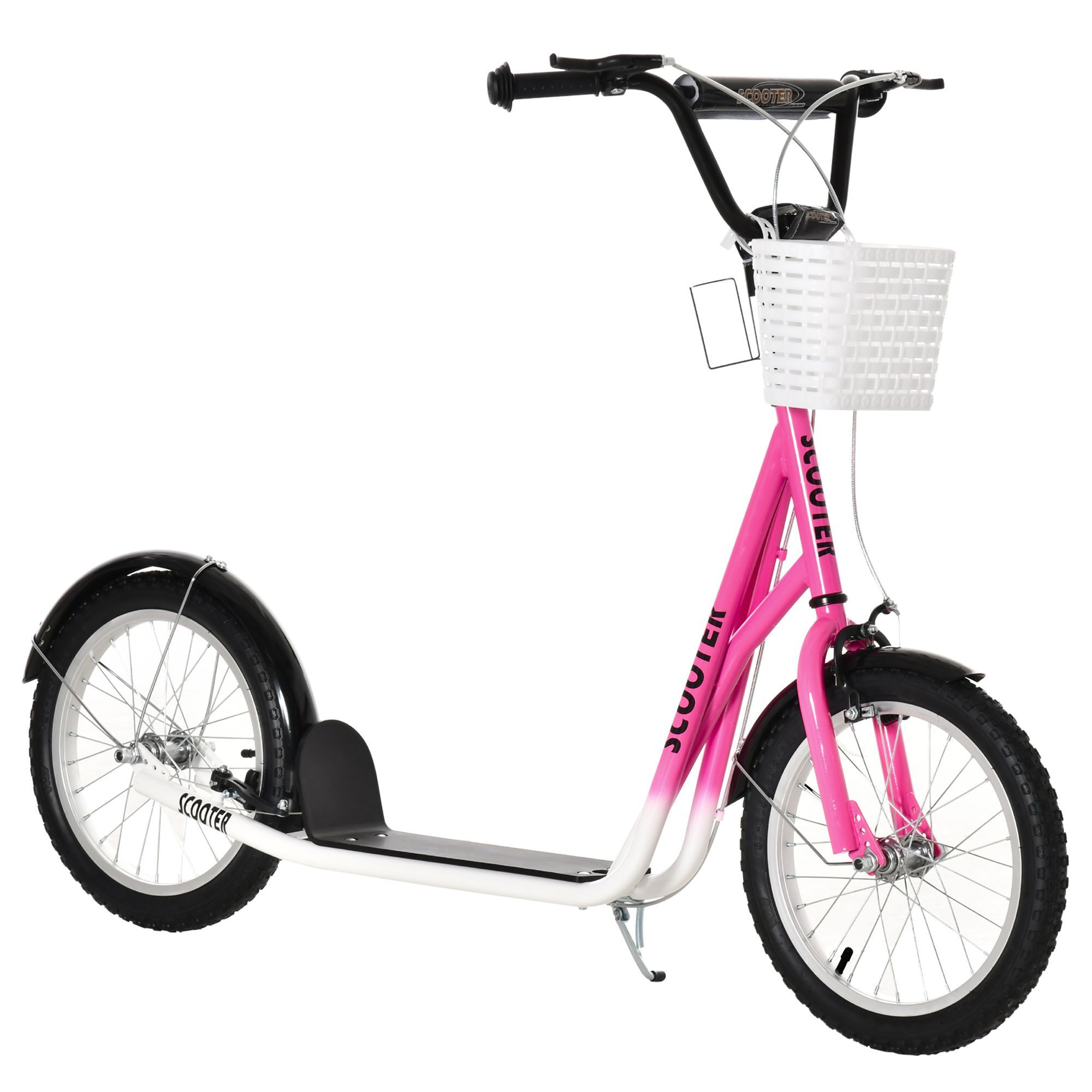 Homcom Kids Kick Scooter Teen Ride On Children Scooter With Adjustable Handlebar 2 Brakes Basket Cupholder Mudguard 16" Inflatable Rubber Tyres Pink