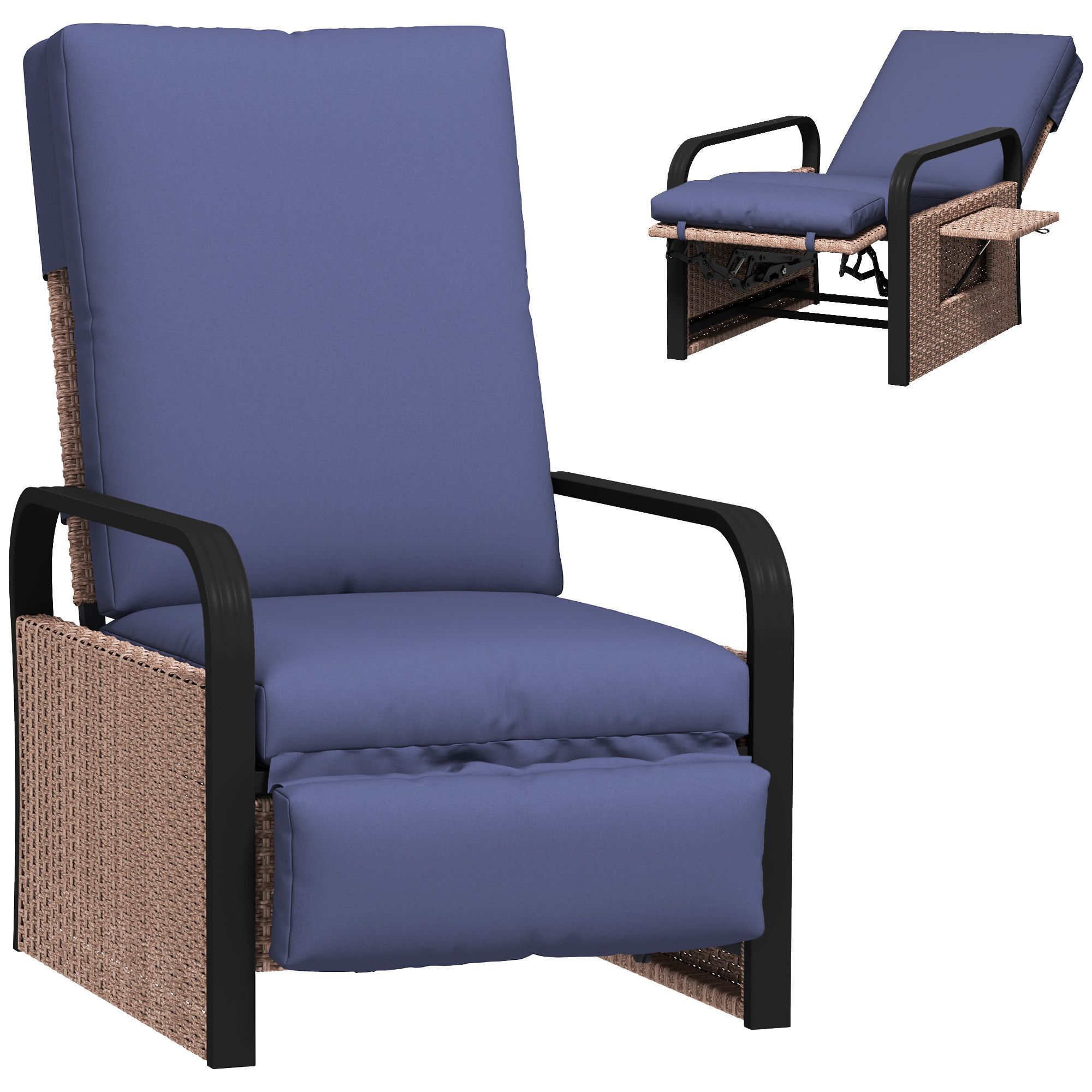 Outsunny 140° Reclining Rattan Armchair - Brown/blue