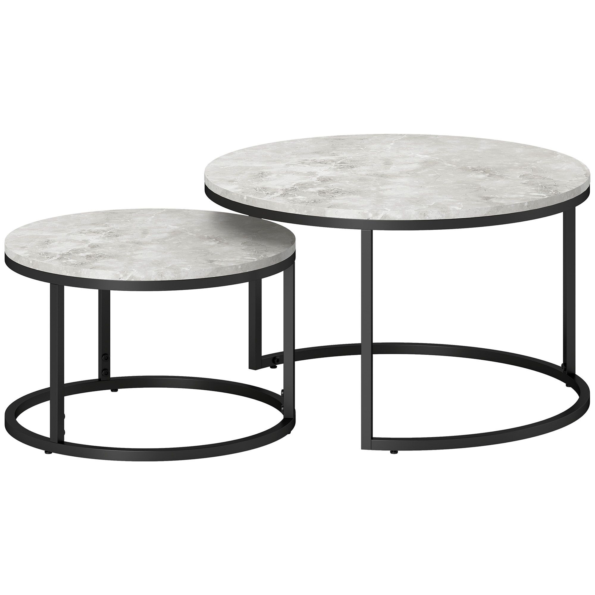 Homcom 2 Pcs Stacking Coffee Table Set W/ Steel Frame Marble-effect Top Foot Pads Nest Of Tables Storage Display Black/grey