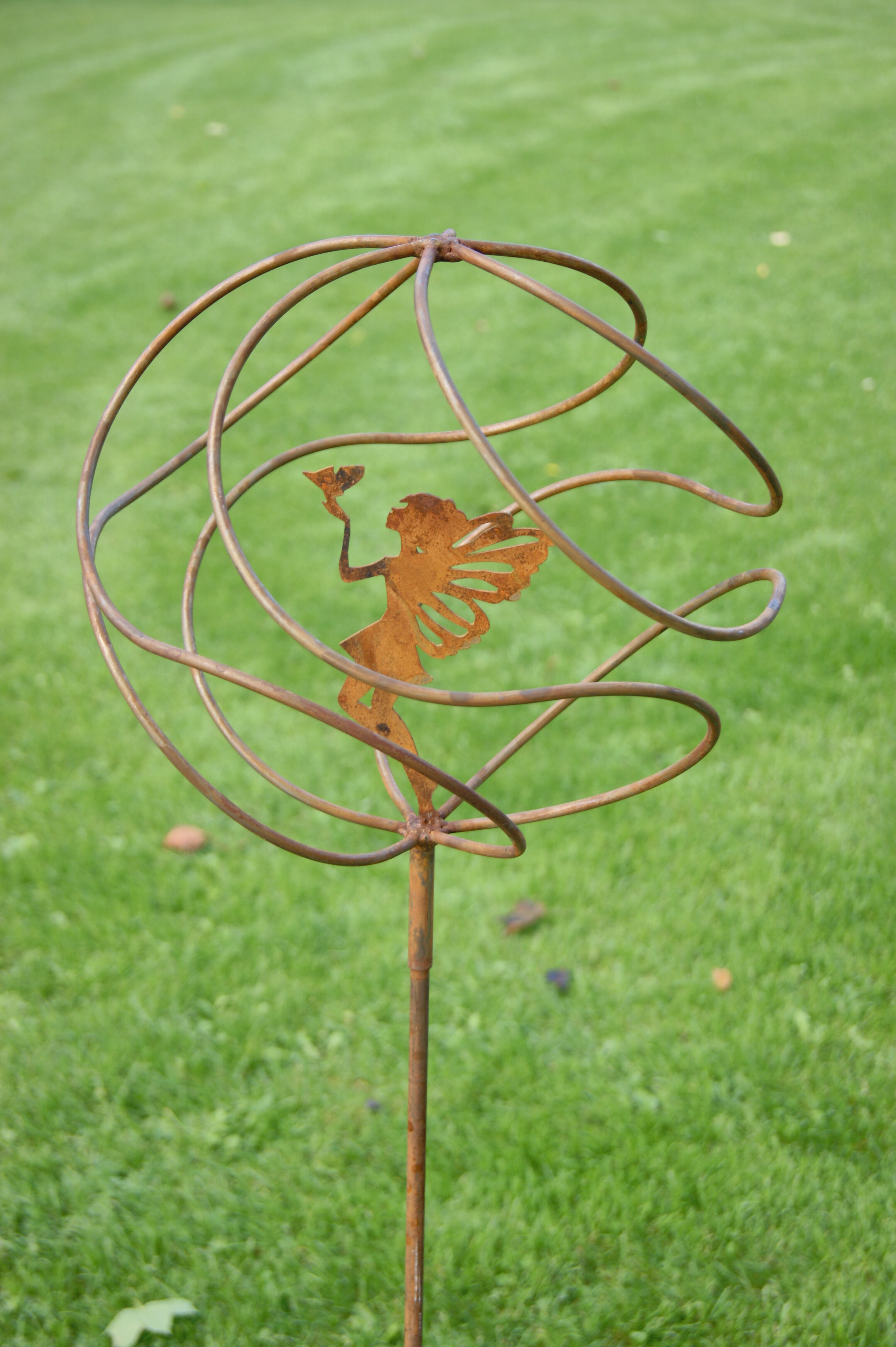 Tangle Ball On 4ft Stem With Standing Fairy Bare Metal/ready To Rust