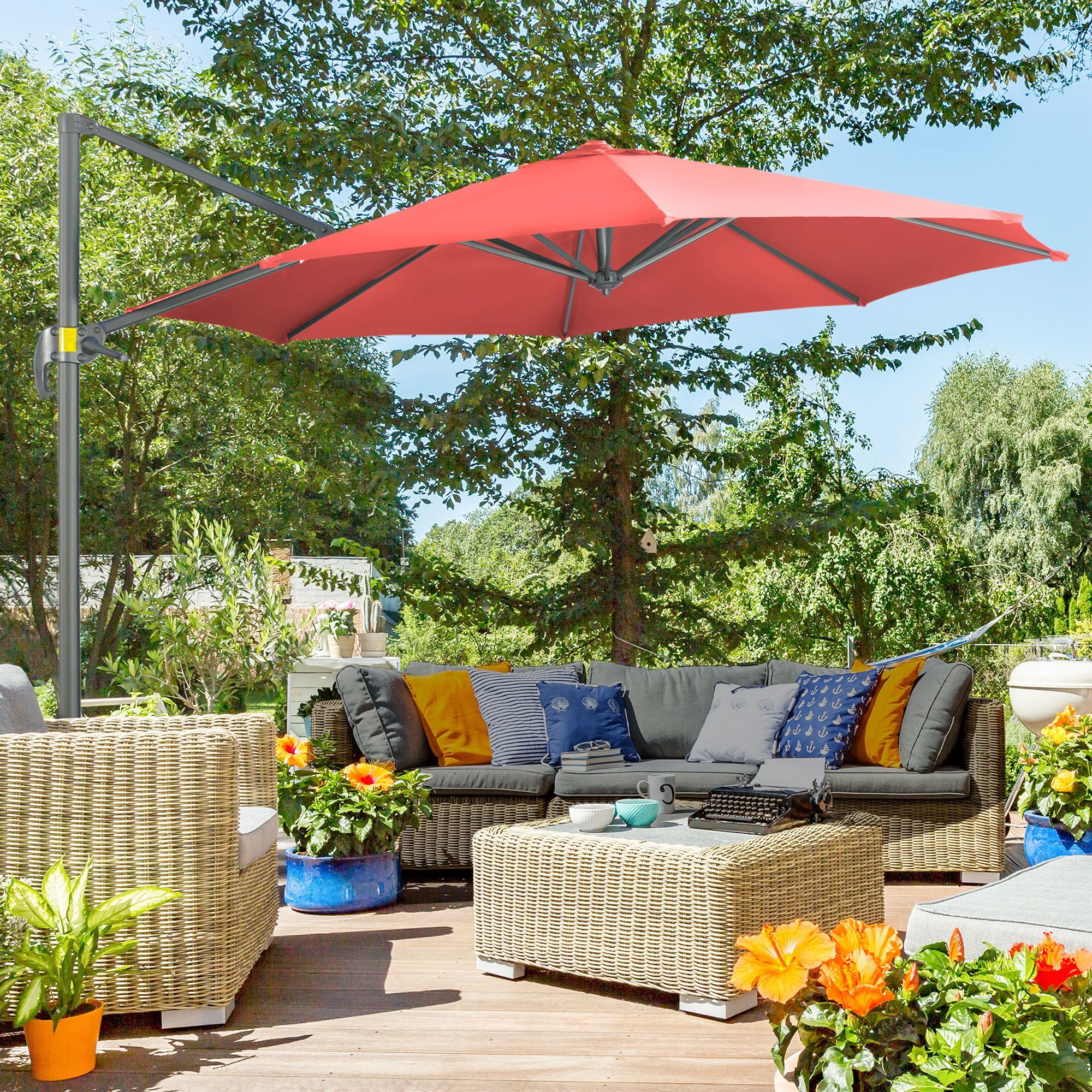 Outsunny 3 X 3(m) Cantilever Parasol With Cross Base Crank Handle - Wine Red