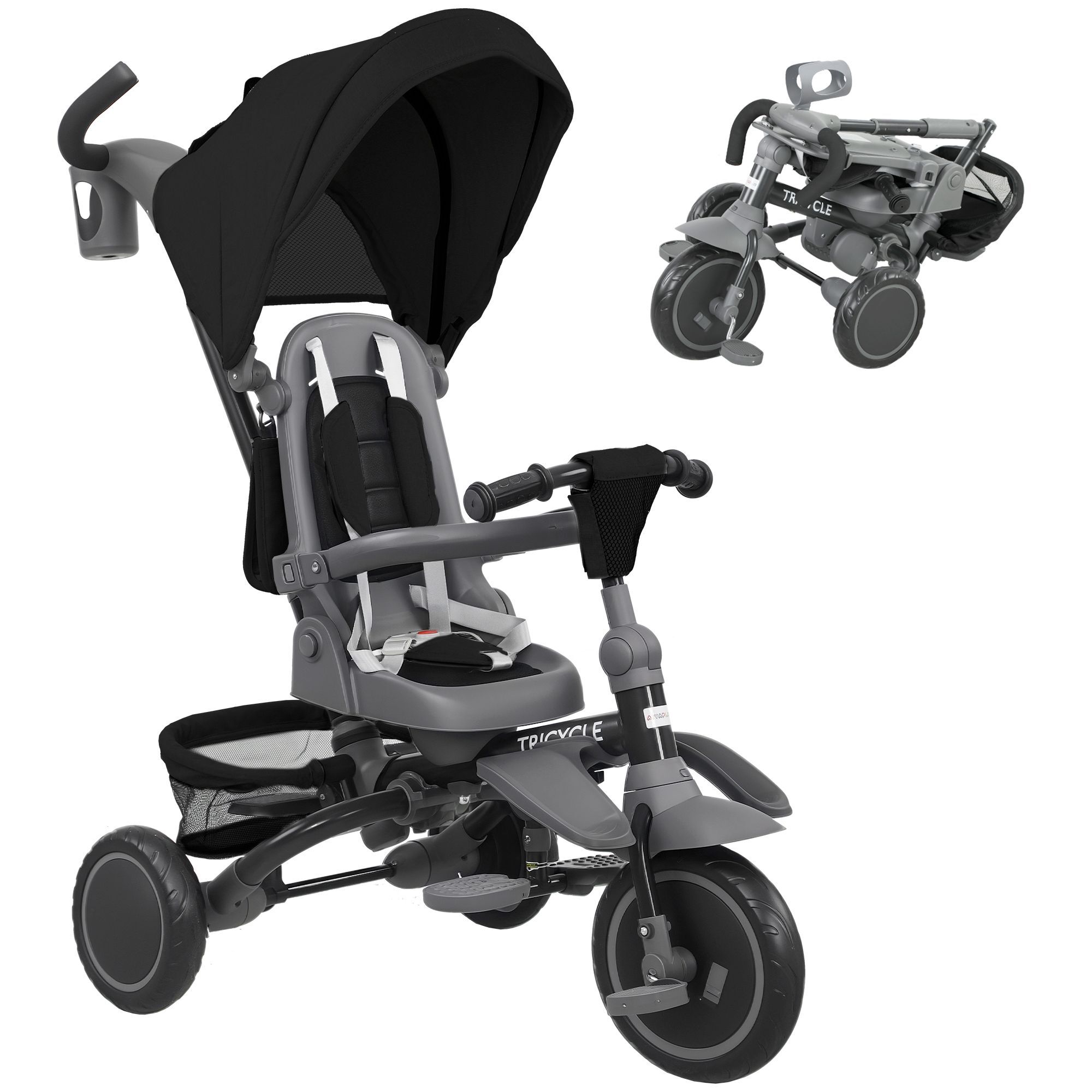 Aiyaplay 6 In 1 Foldable Kids Trike With Adjustable Parent Handle & Canopy For Ages 1-5, Black