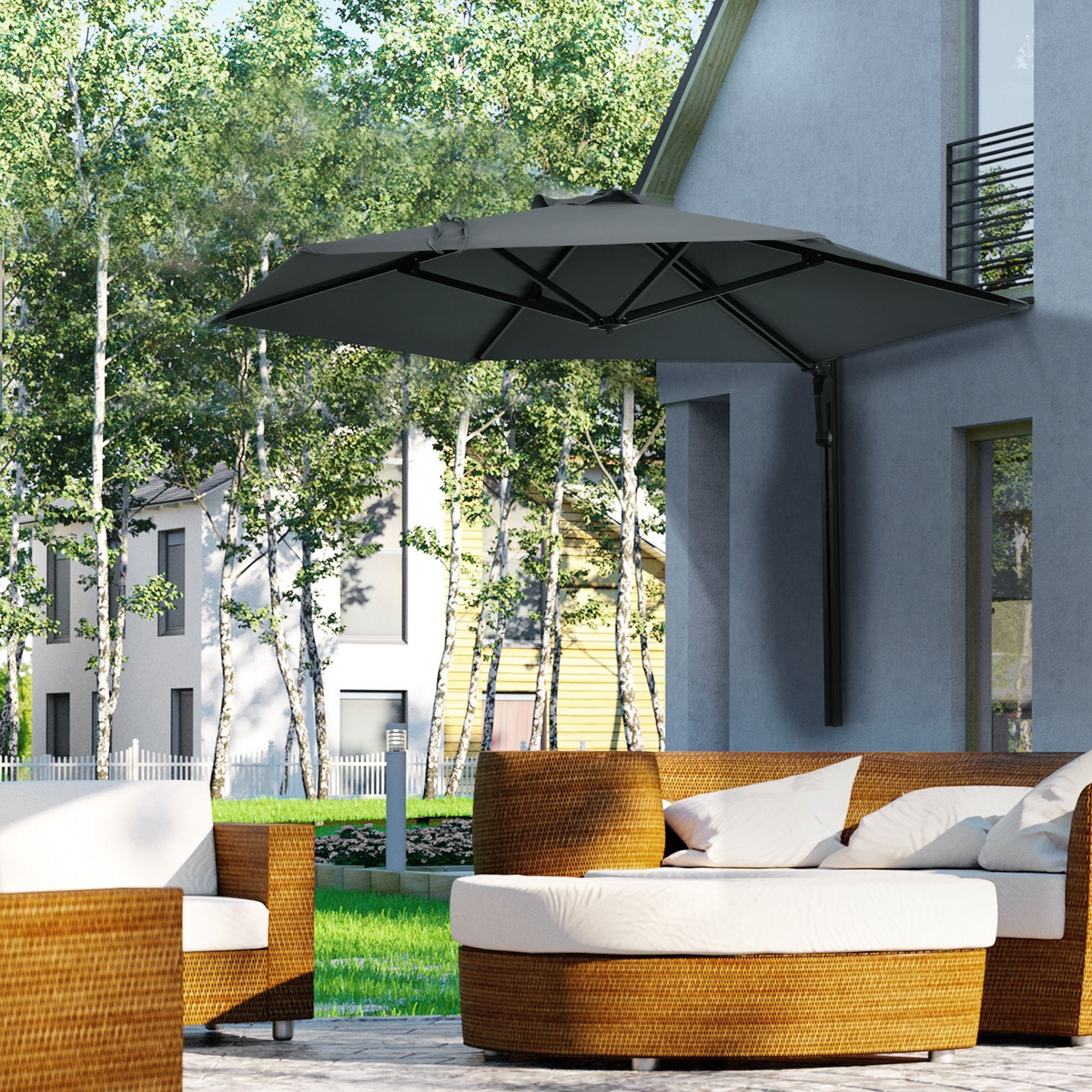 Outsunny Wall Mounted Parasol, Hand To Push Outdoor Patio Umbrella With 180 Degree Rotatable Canopy For Porch, 250 Cm, Dark Grey