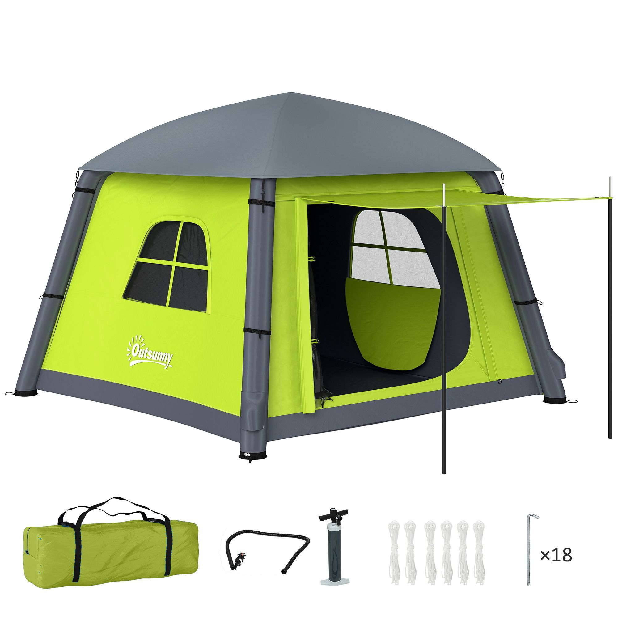Outsunny Inflatable Camping Tent W/ Hand Pump, Easy Setup 1/2 Person Blow Up Tent Waterproof 190t Taffeta W/ Mesh Windows, Doors And Carry Bag, Green