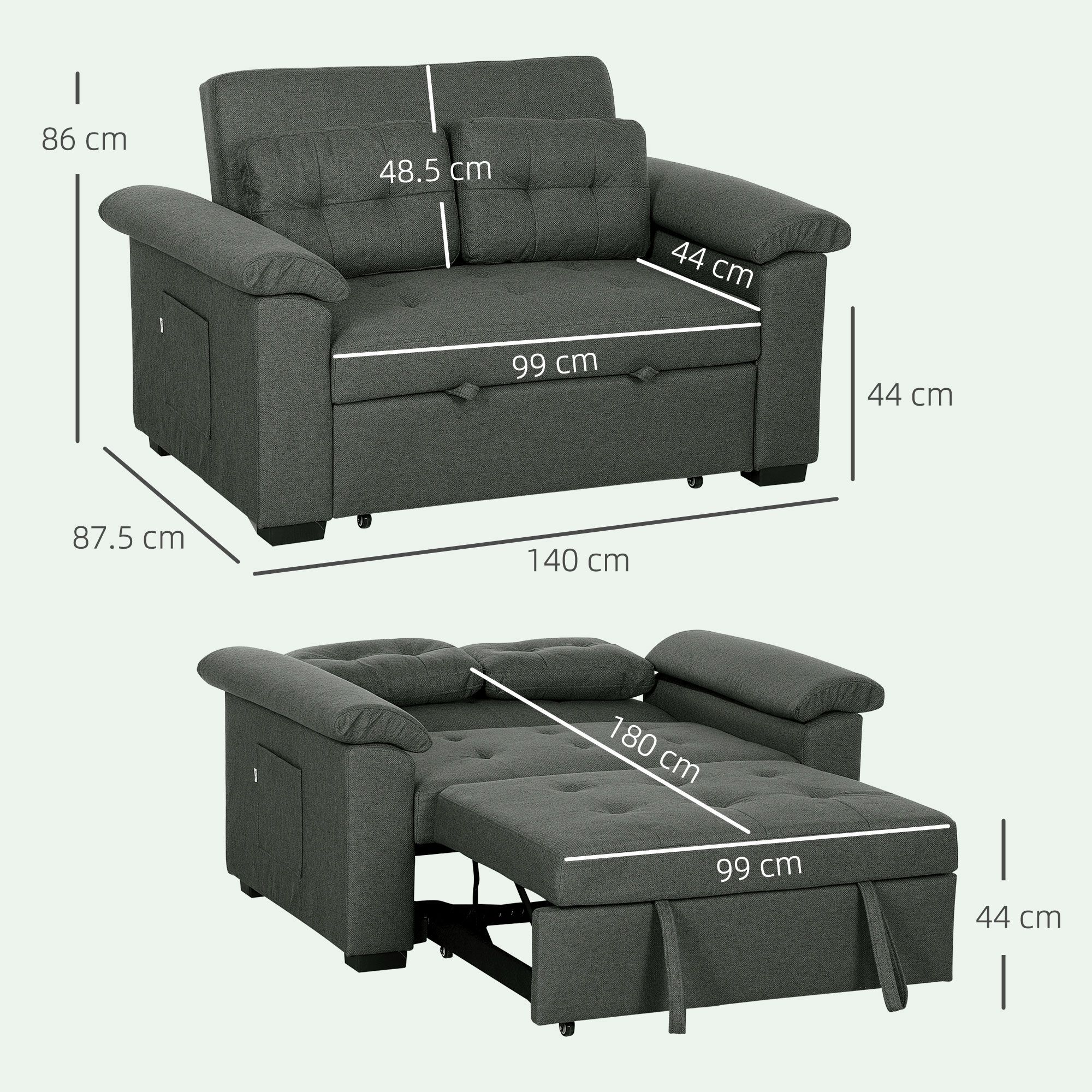 Homcom Pull Out Sofa Bed, Fabric 2 Seater Click Clack Sofa Bed Settee, Convertible Sofa Couch With 2 Pillows And Side Pockets For Living Room, Home Office, Charcoal Grey