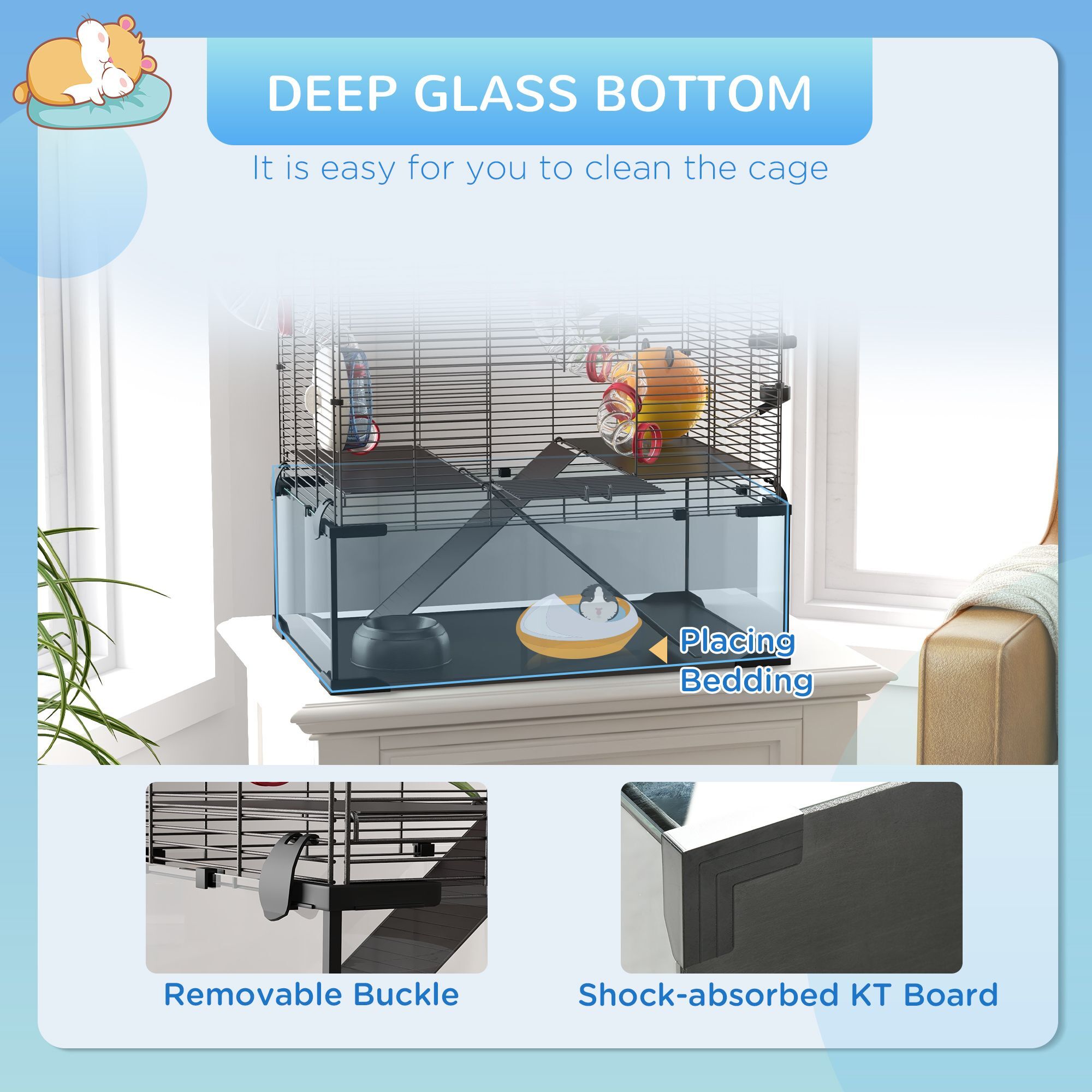 Pawhut Hamster Cage, Gerbilarium Cage, Wooden Ramp, Exercise Wheel, Food Bowl, Natural Tone And White