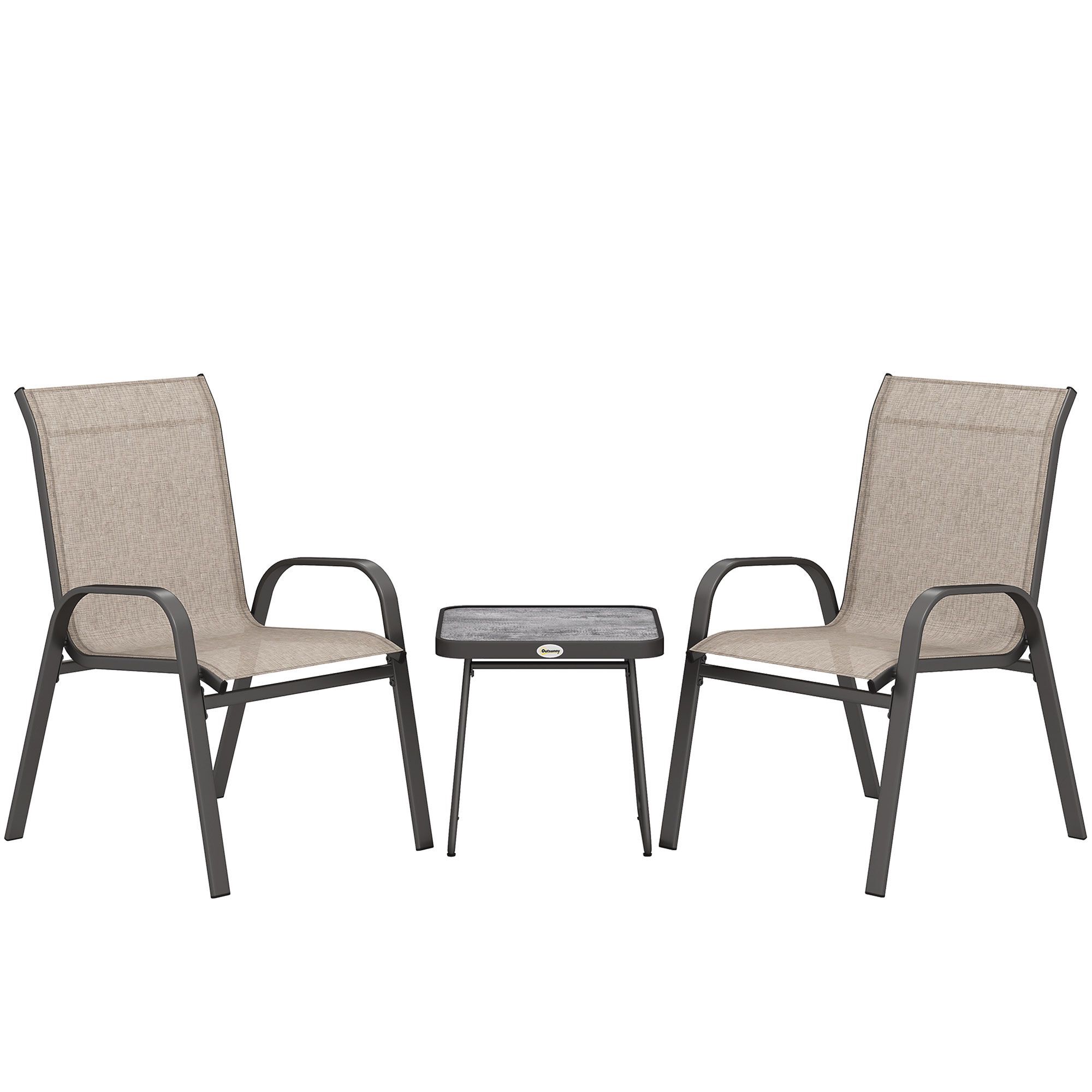 Outsunny 3 Pieces Outdoot Bistro Set, Patio Stackable Armchairs With Breathable Mesh Fabric And Psc Board Coffee Table, Brown