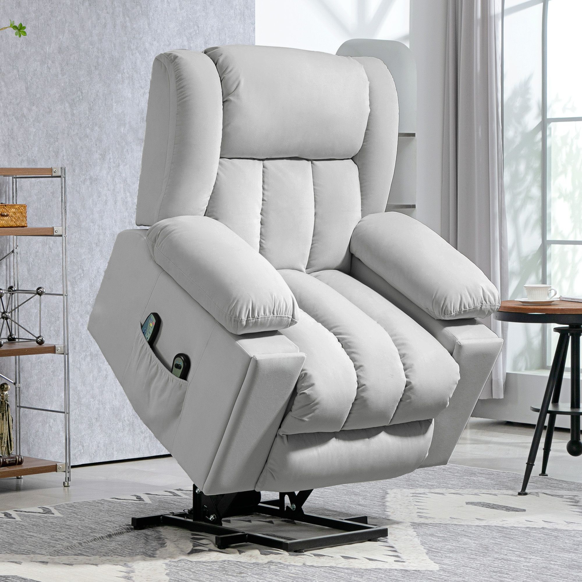 Homcom Power Lift Recliner Chair With Vibration Massage And Heat, Electric Lift Chair For Elderly, Overstuffed Fabric Riser And Reclining Armchair With Usb Ports, Cup Holders, Light Grey