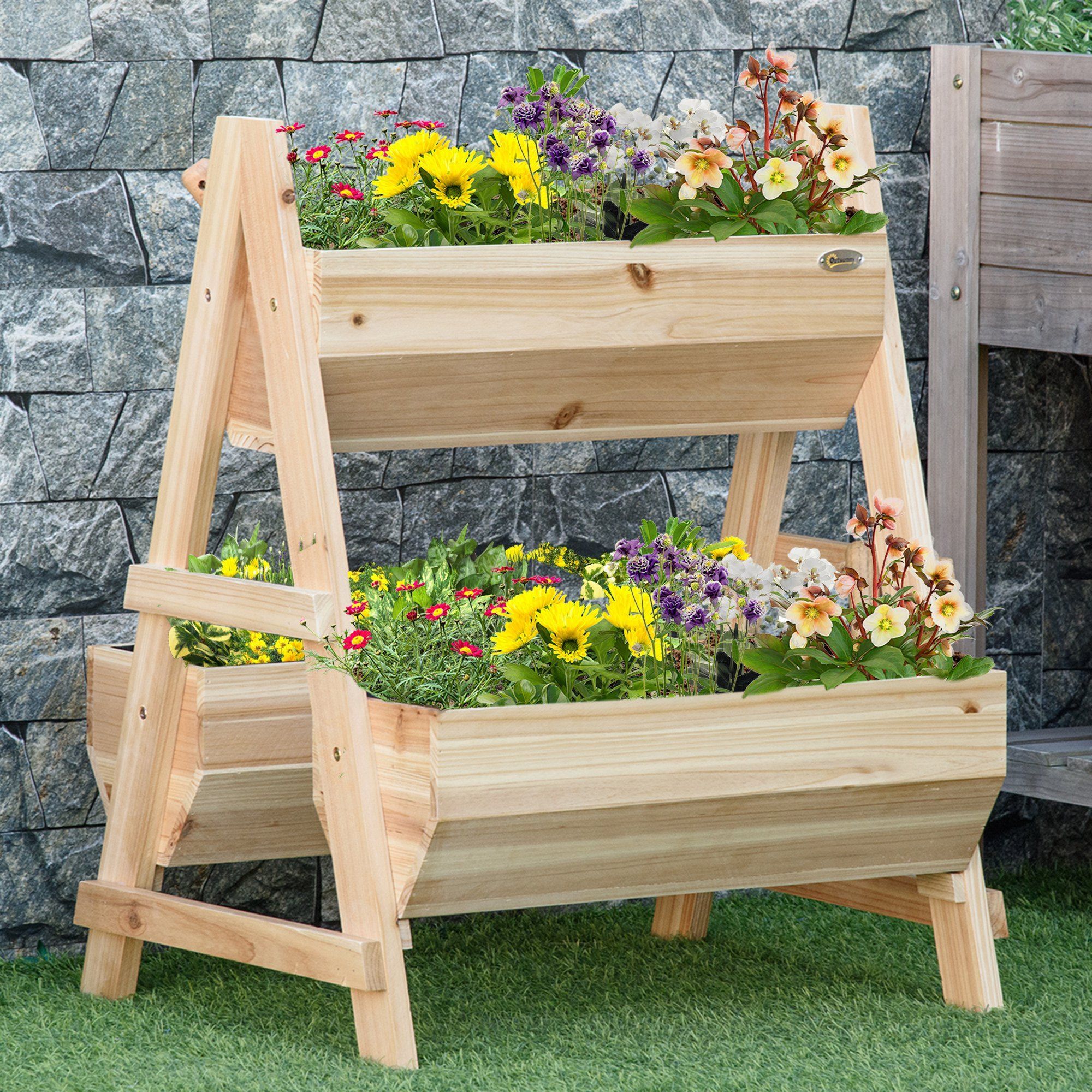 Outsunny Wood Raised Garden Bed, Outdoor Planter Box With Stand, Nonwoven Fabric For Vegetables, Herbs, Flowers, Natural