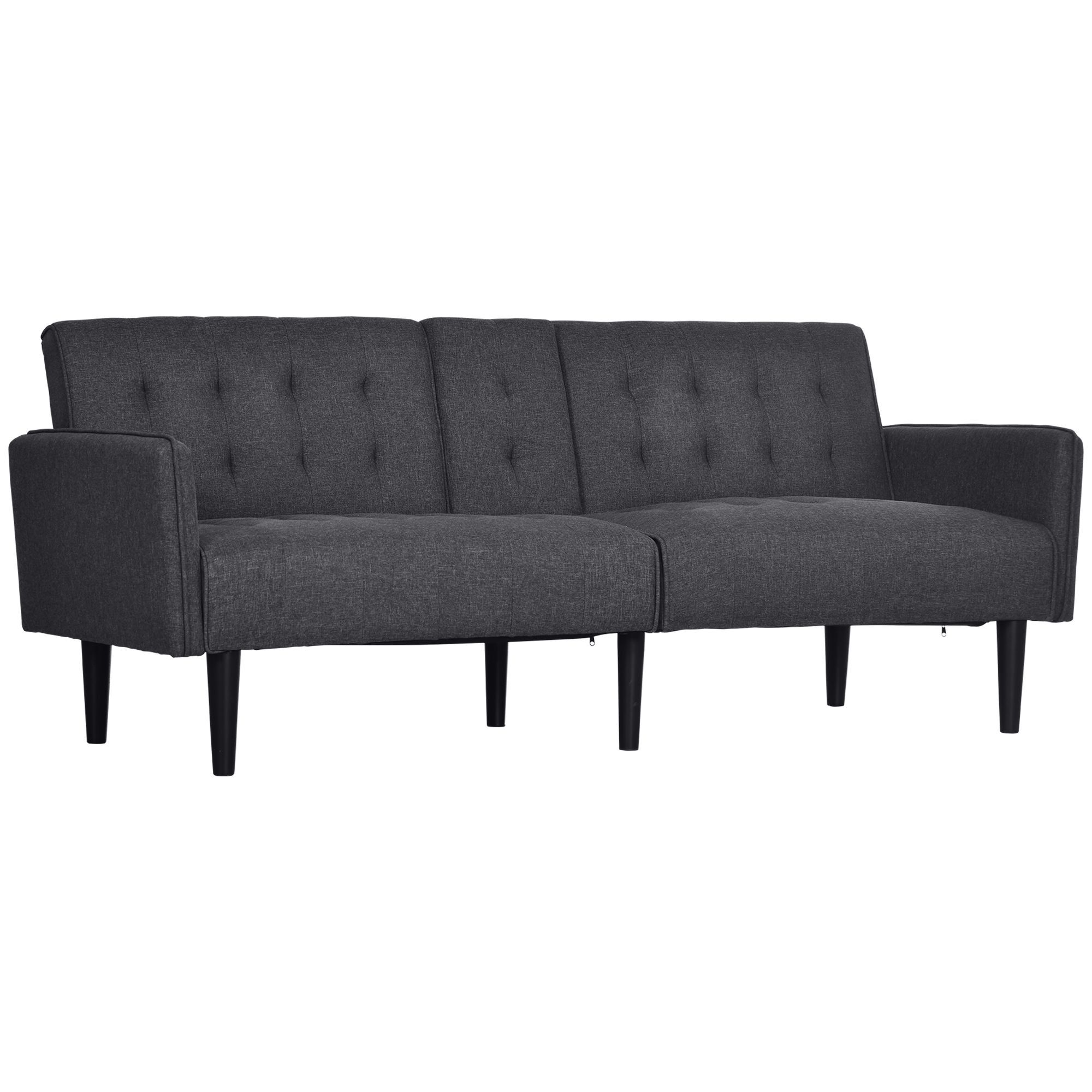 Homcom Upholstered Click Clack Sofa Bed, Linen-feel 3 Seater Sofa Bed With Storage And Cupholders, Grey