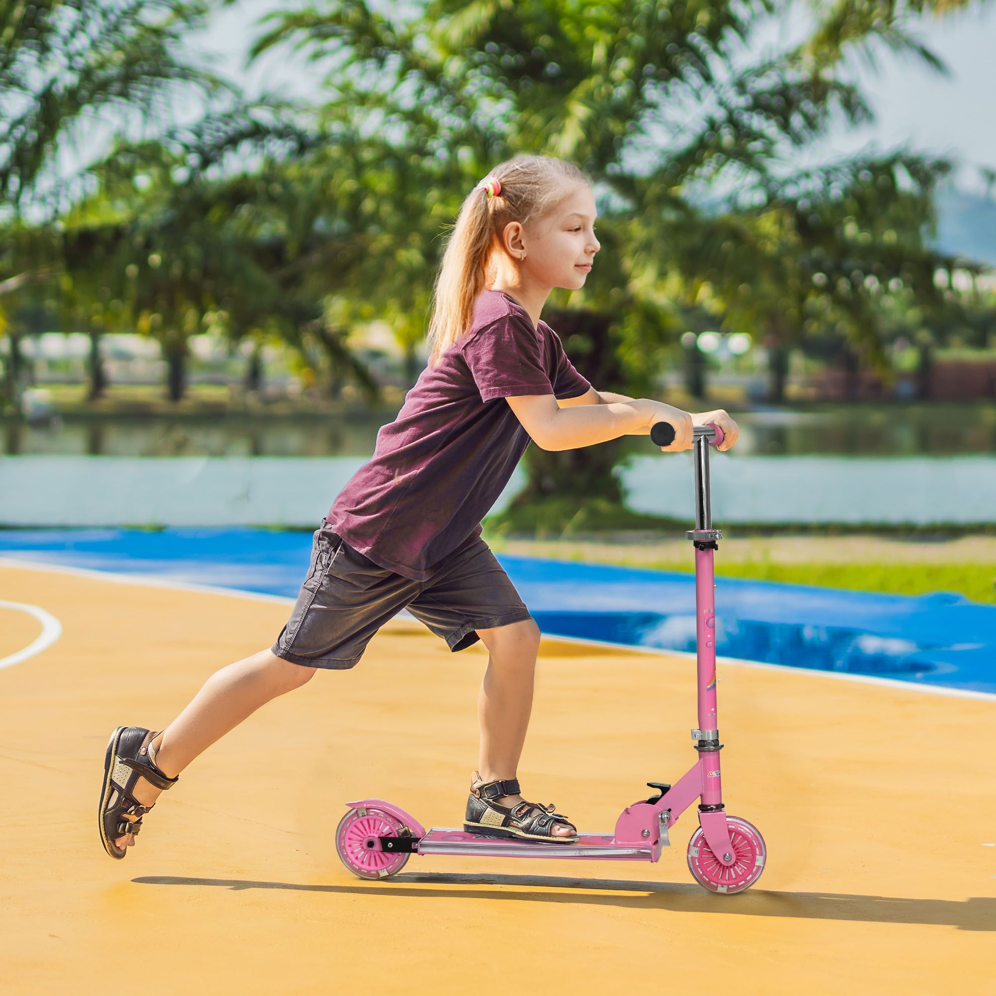 Homcom Kids Scooter With Lights, Music, Adjustable Height, Folding Frame, Led Wheels, For 3-7 Years Old, Pink