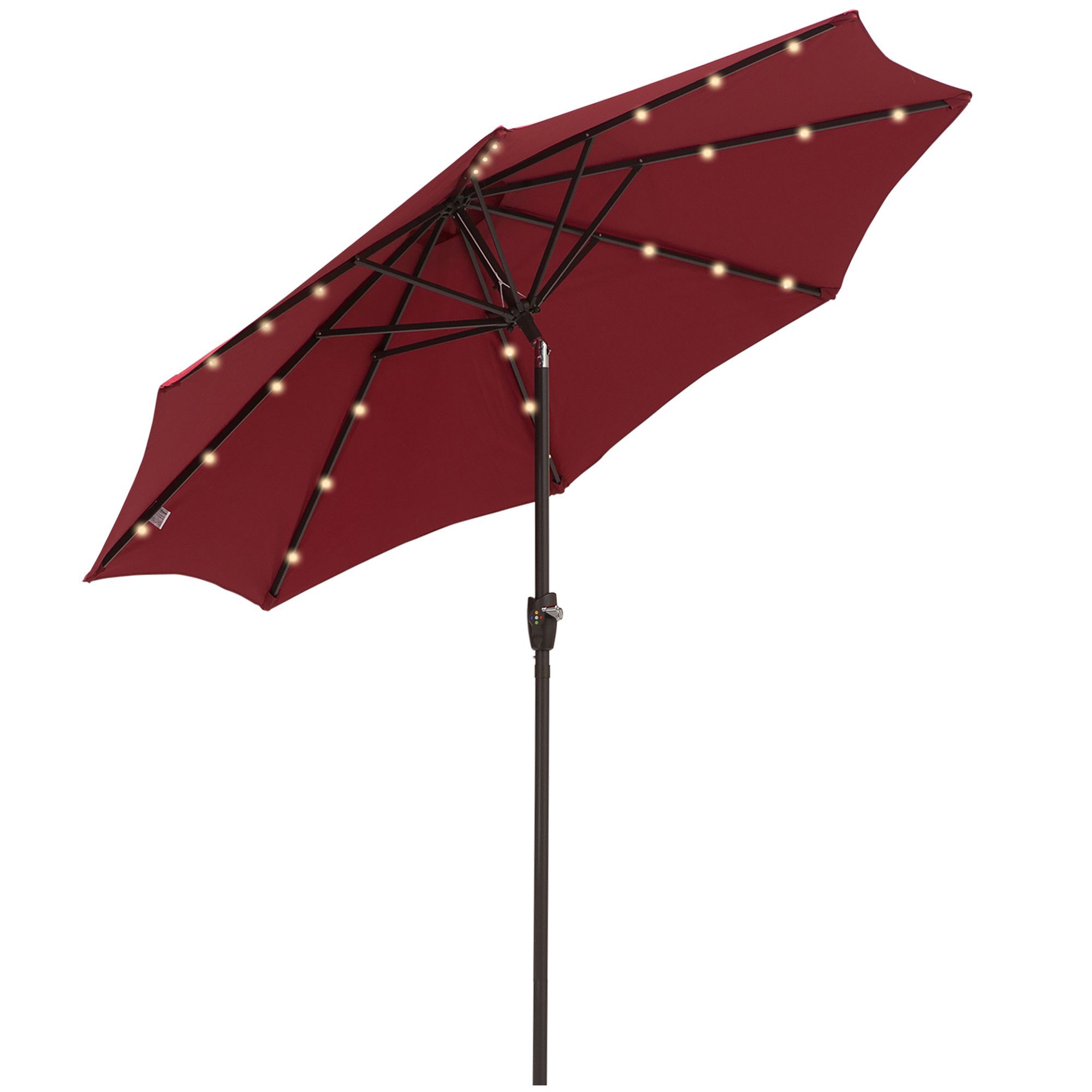 Outsunny Φ2.7m Garden 24 Led Light Parasol Solar Outdoor Tilt Sun Umbrella Patio Club Party Event Manual Sun Shade W/ Hand Crank And 8 Ribs Red