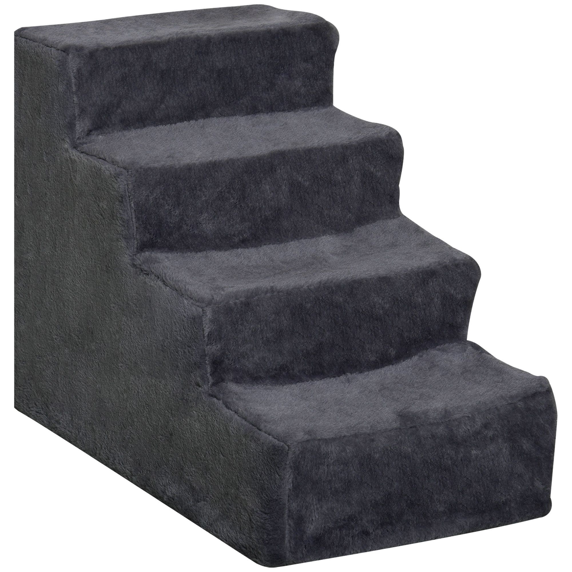Pawhut Four-step Dog Stairs, With Washable Plush Cover, For High Bed Sofa, Dog Stairs For Small Dog And Cat - Dark Grey