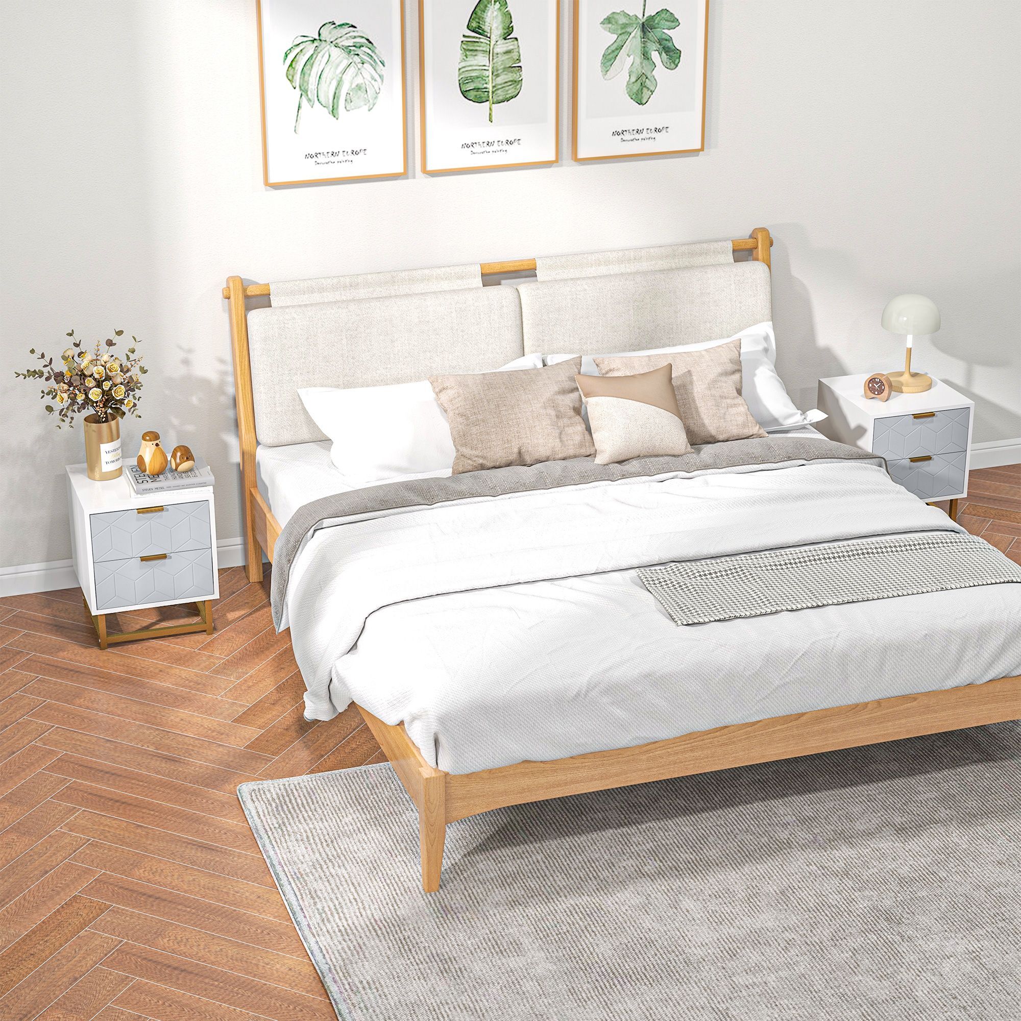 Homcom Bedside Table With 2 Drawers, Side Table, Bedside Cabinet With Steel Frame, Set Of 2, Grey And White