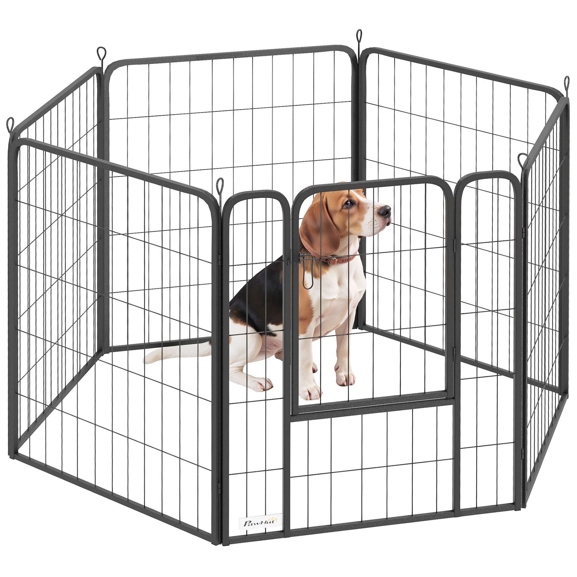 Pawhut 6 Panels Heavy Duty Dog Playpen With Secure Door, For Indoor Outdoor, For Garden, Camping, 80cm High