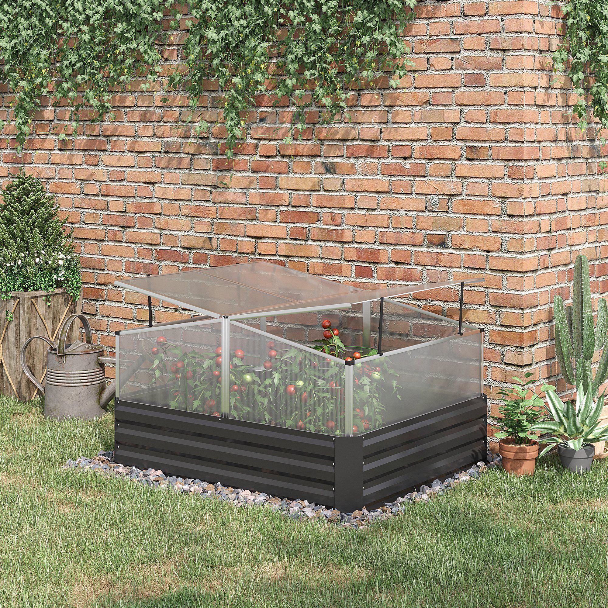 Outsunny Outsuuny Galvanised Raised Garden Bed, Outdoor Planter Box With Greenhouse And Cover For Vegetables, Flowers, Dark Grey