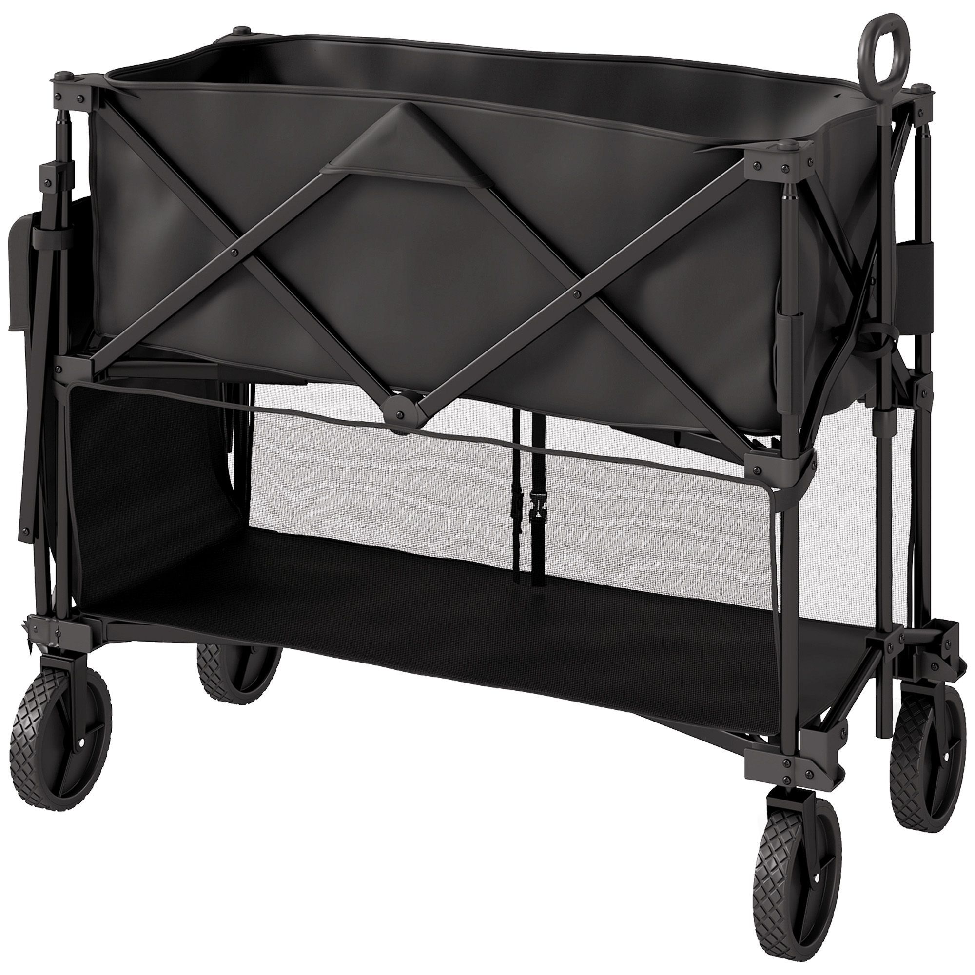 Outsunny Double Decker Folding Trolley On Wheels, 200kg & 350l Capacity Collapsible Wagon Festival Trolley Cart With 134cm Extended For Camping Sports Shopping Garden And Beach, Black