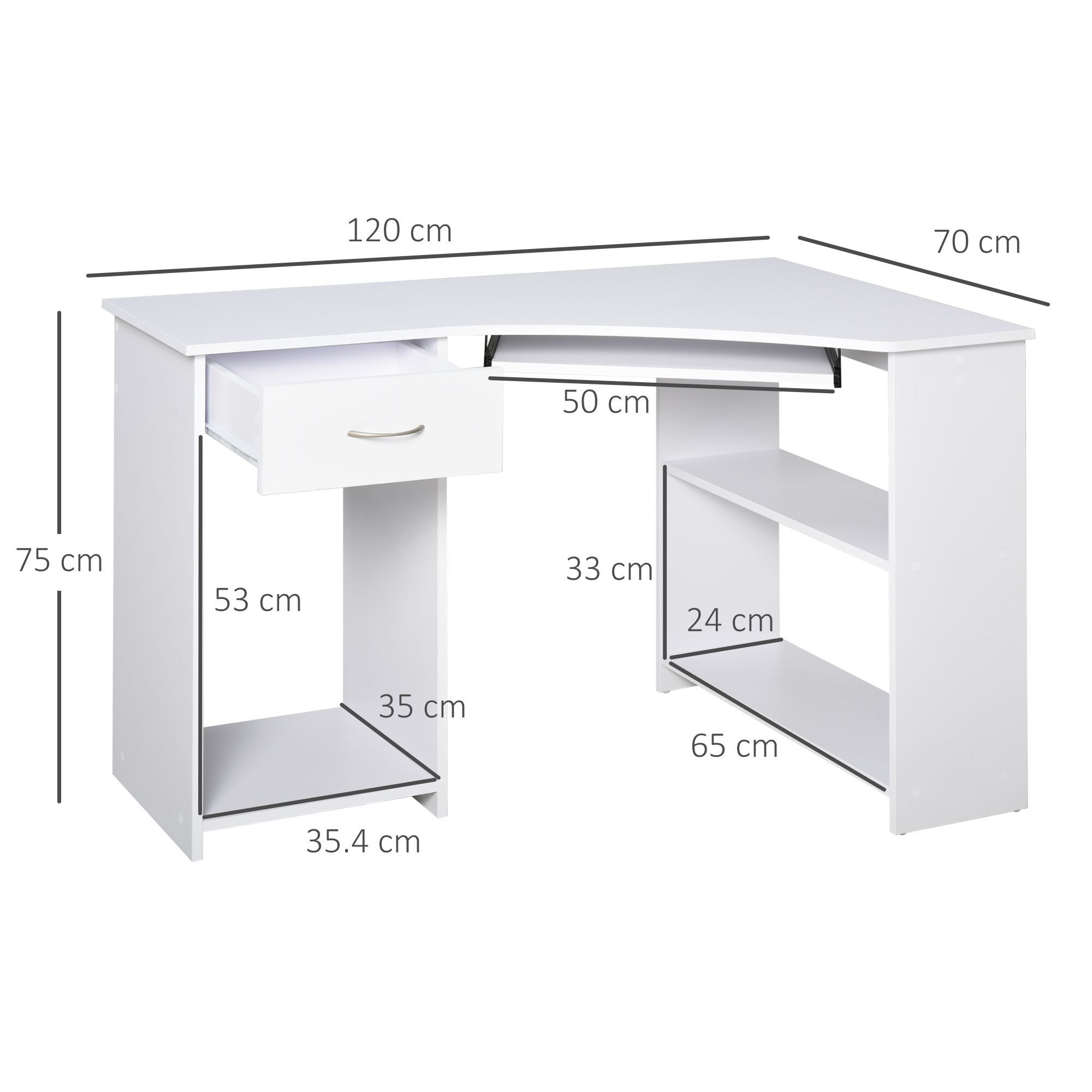 Homcom L-shaped Corner Computer Desk W/ 2 Shelves Wide Worktop Keyboard Tray Drawer & Cpu Stand Home Office Study Bedroom Furniture White
