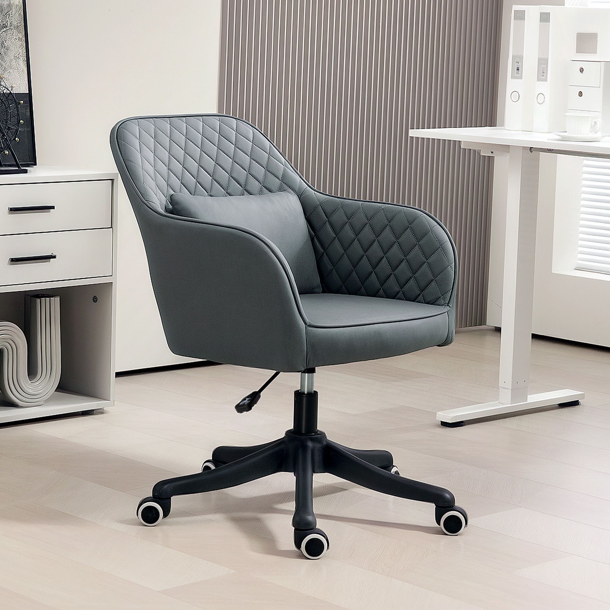 Vinsetto Microfiber Office Chair, Desk Chair, Makeup Vanity Chair With Massage Lumbar Pillow And Rolling Wheels For Bedroom And Home, Grey