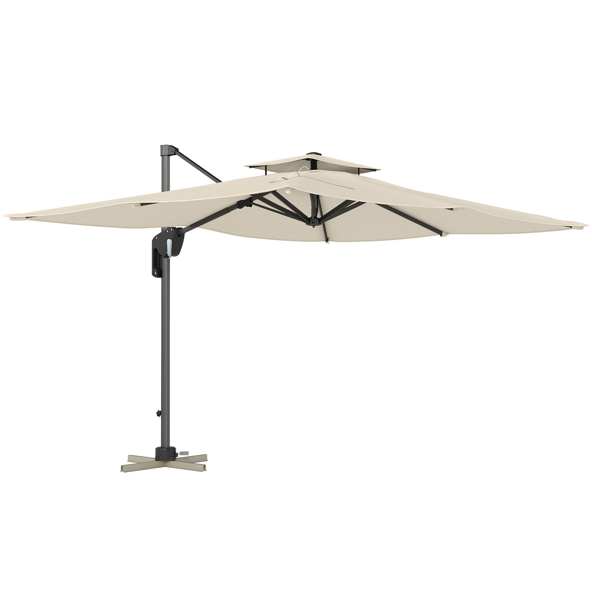 Outsunny 3.7 X 2.7 M Cantilever Parasol W/ 360° Rotation And Easy Tilt Adjustment, Aluminium Hanging Offset Outdoor Umbrella W/ Double Top And Cross Base, Upf50+ Hanging Sun Shade, Black
