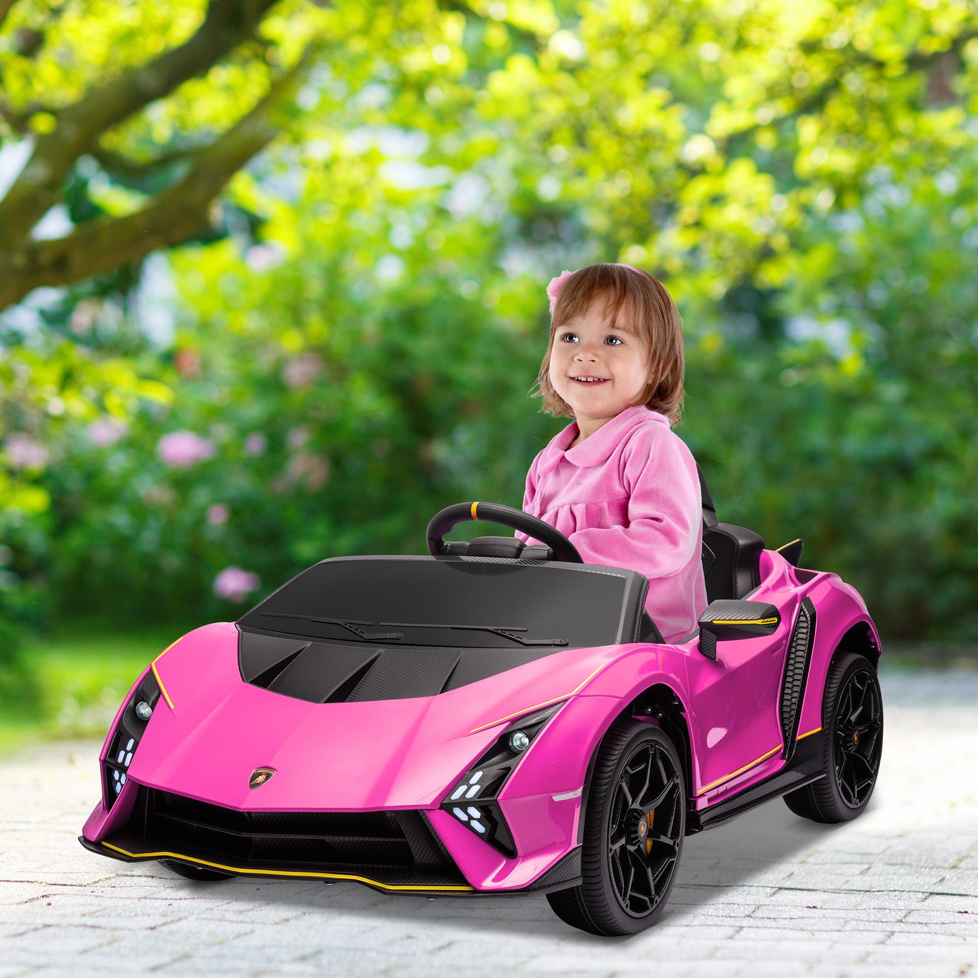 Aiyaplay 12v Lamborghini Autentica Licensed Kids Electric Car With Remote Control, 4 Suspension Wheels, Soft Start, Pink