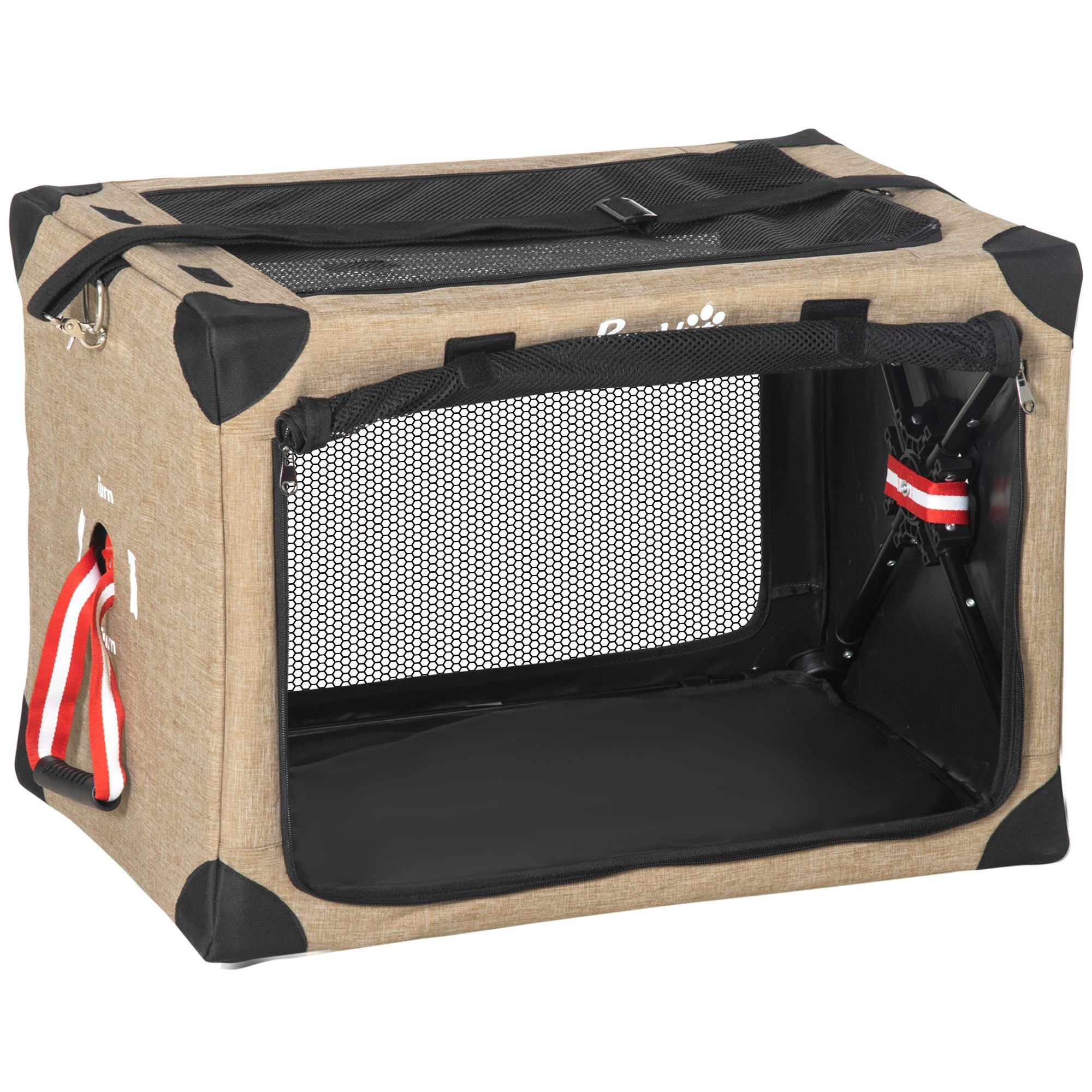 Pawhut Pet Carrier Folding Cat Carrier Portable Dog Bag Pet Travel Carrier W/ Cushion, Adjustable Strap For S & Xs Dogs, Khaki