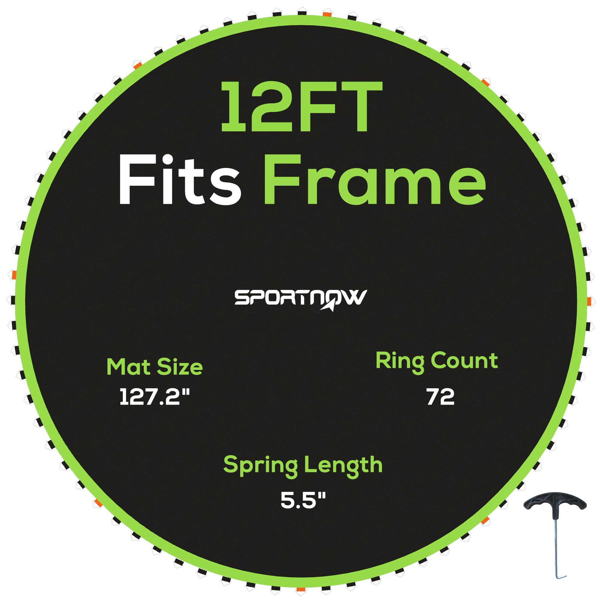 Sportnow Replacement Trampoline Mat With Spring Pull Tool, 72 V-hooks, For 12ft Trampoline Using 14cm Springs, Green